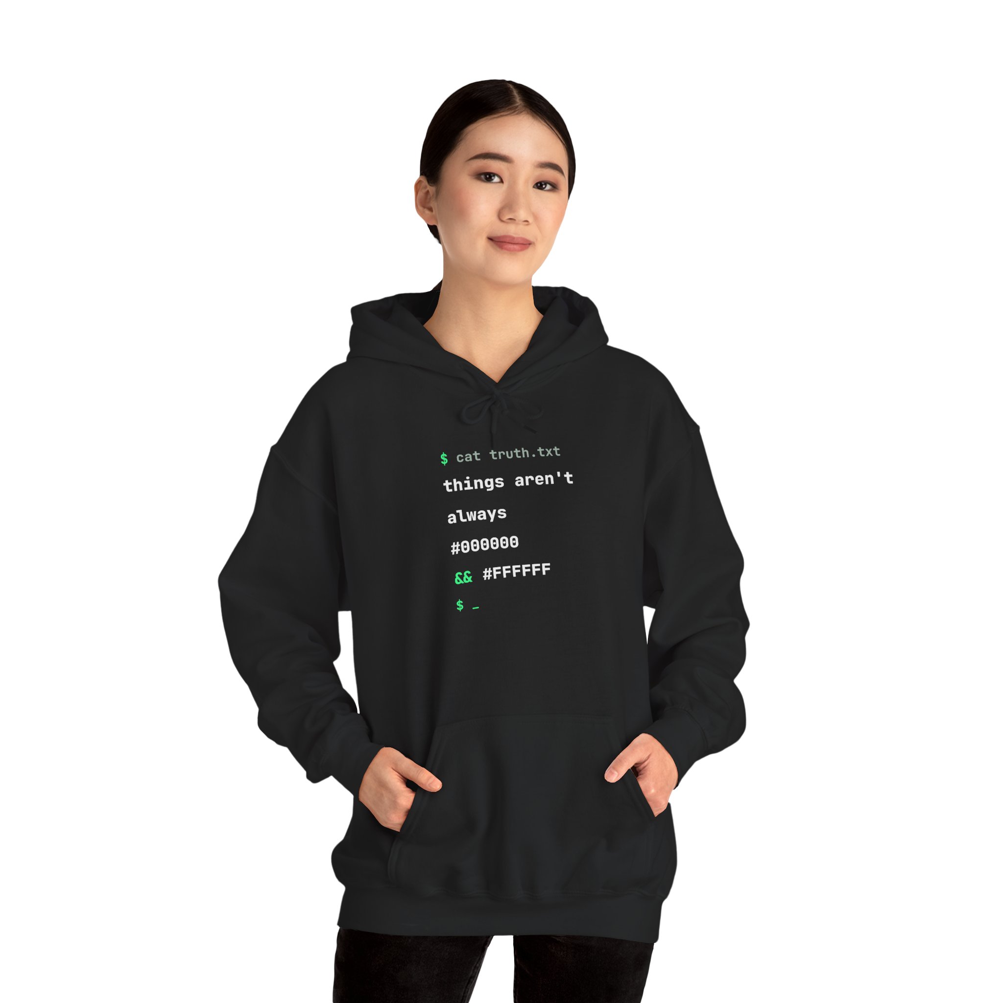 cat truth.txt hoodie in Black, worn by a model