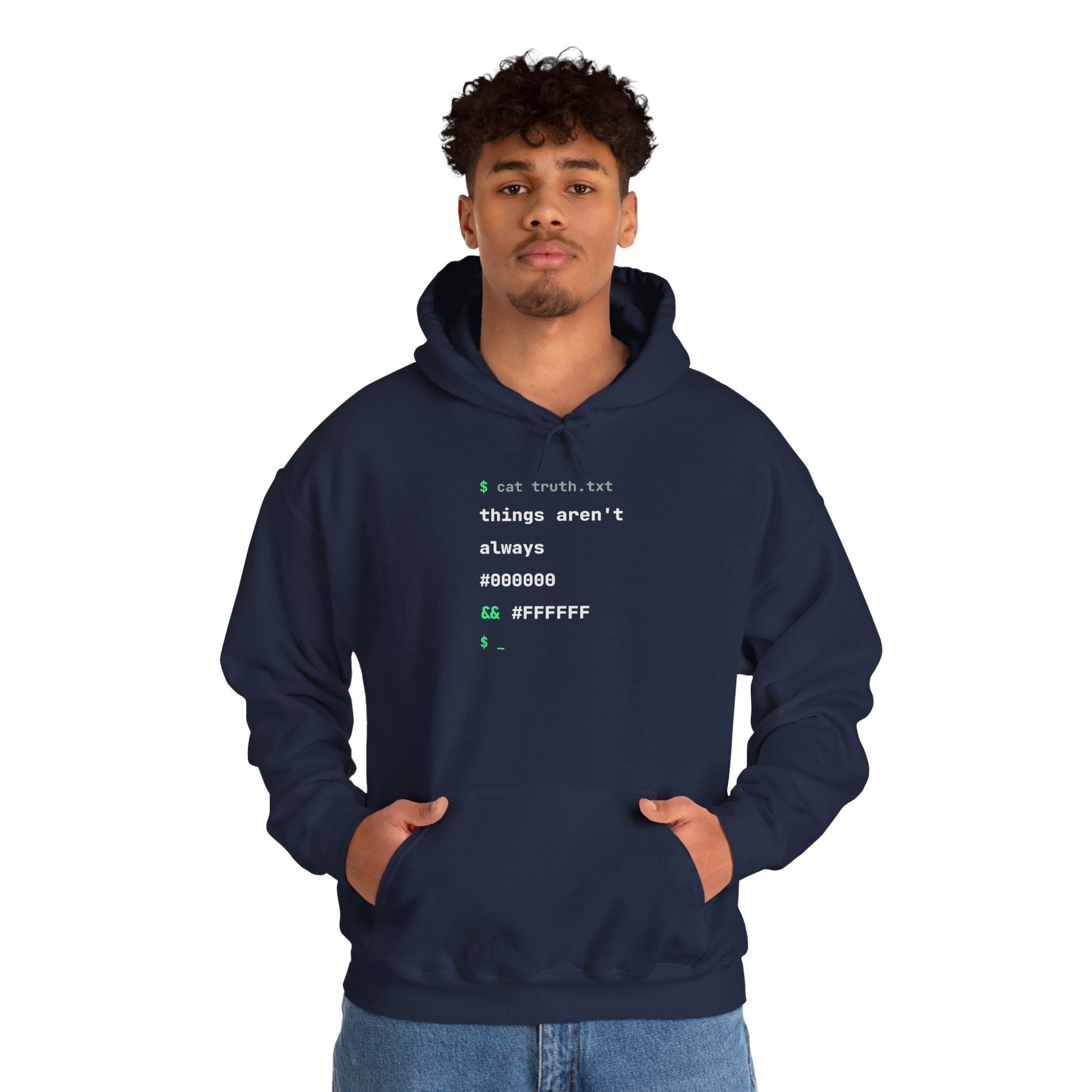 cat truth.txt hoodie in Navy, worn by a model, second view