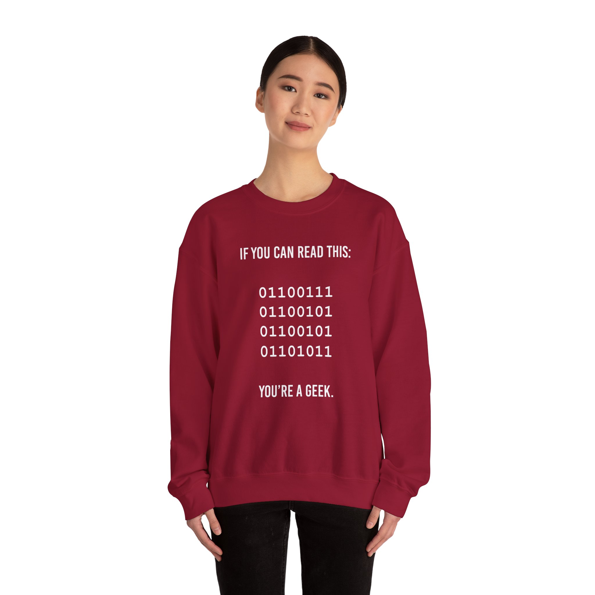 Geek Binary Code crewneck sweatshirt in Cardinal Red, worn by a model