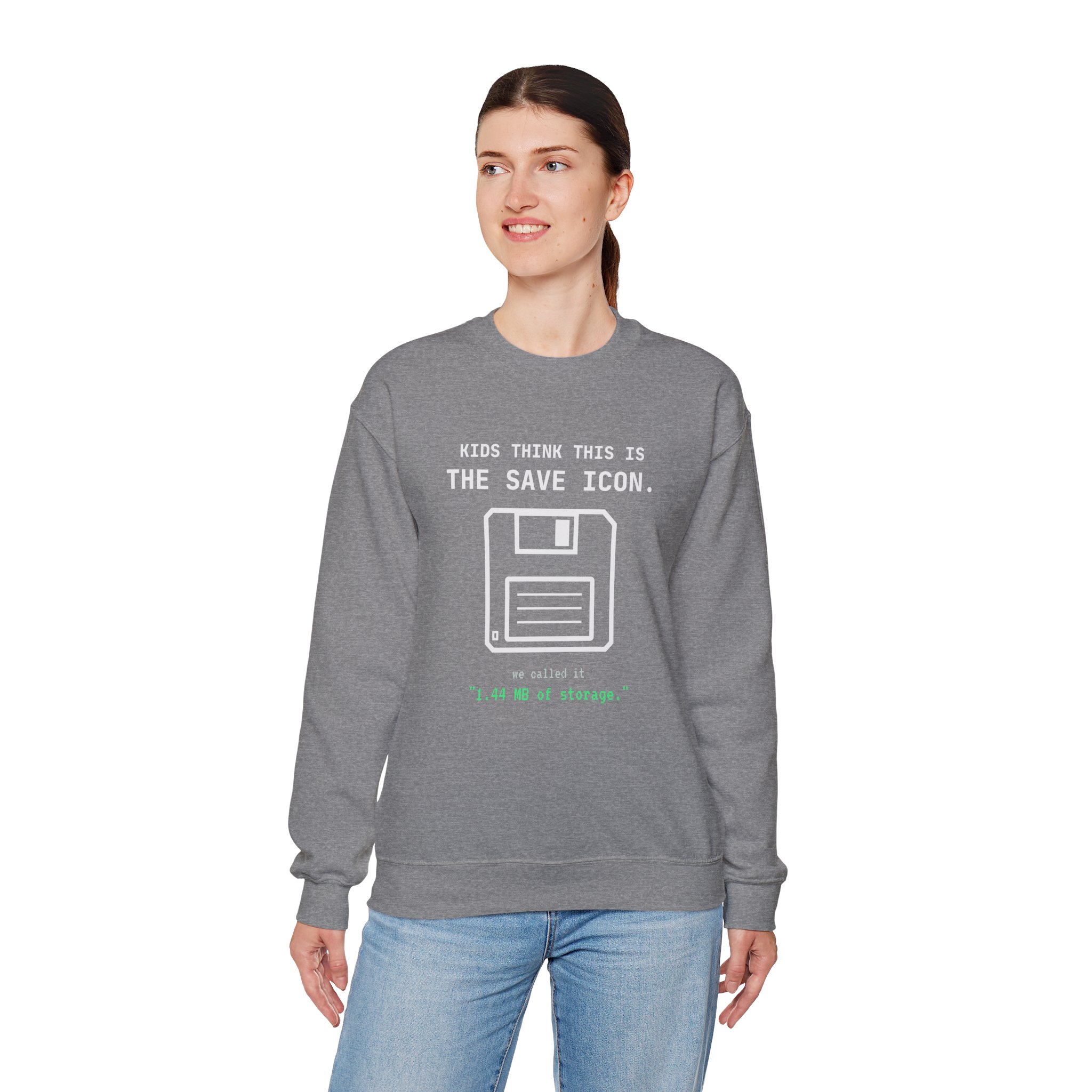 The Original Save Icon crewneck sweatshirt in Graphite Heather, worn by a model, fourth view