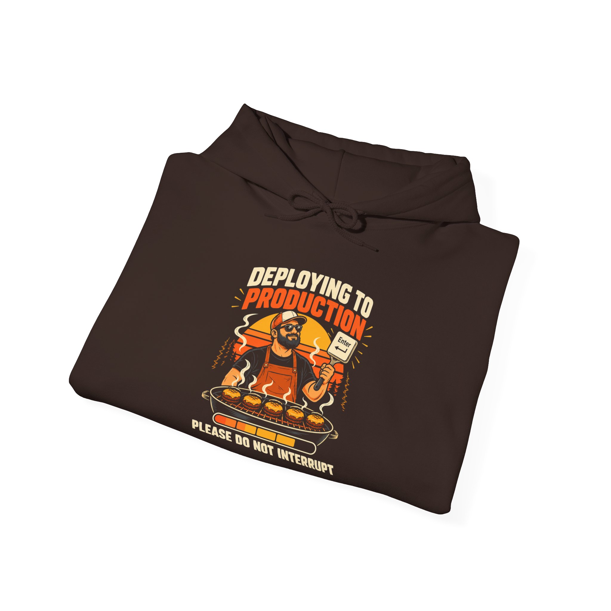 Deploying to Production hoodie in Dark Chocolate, folded