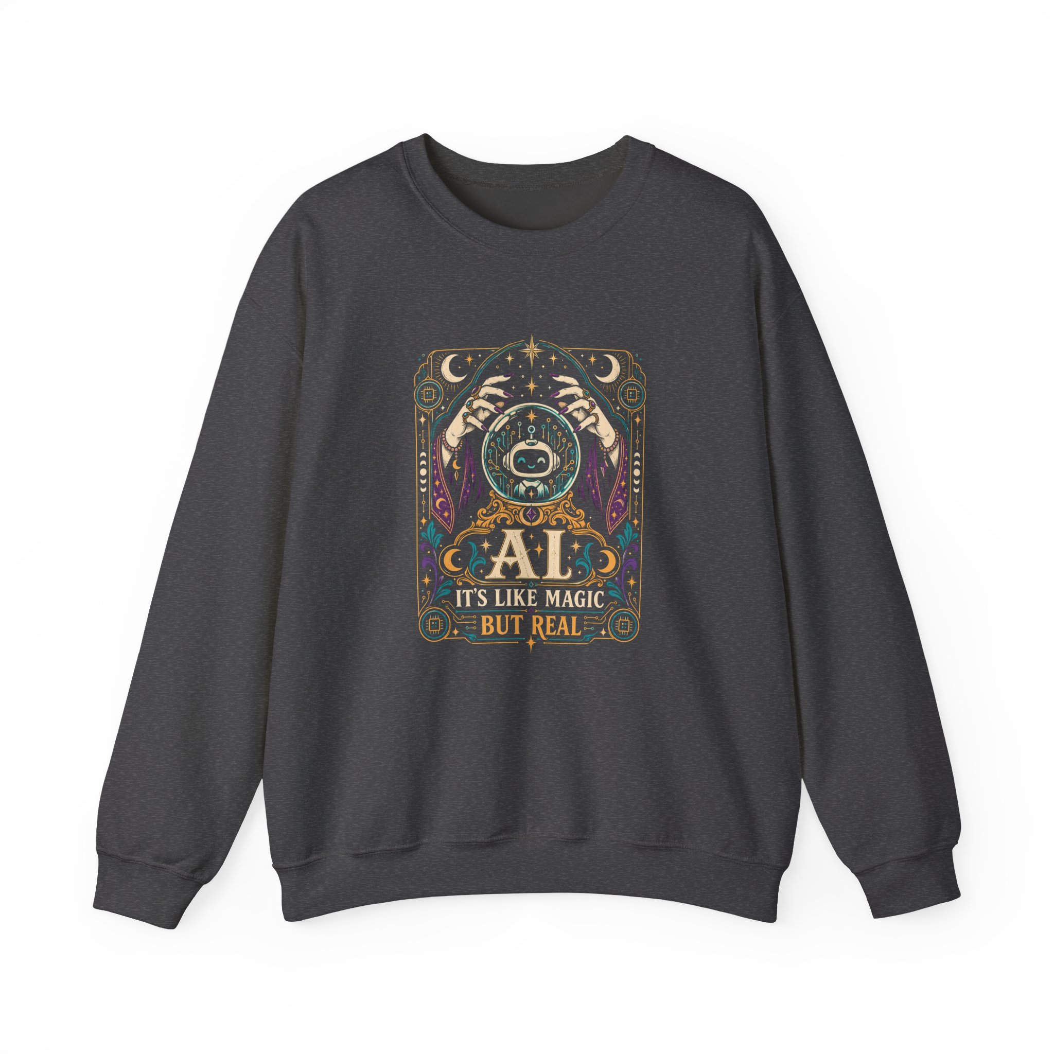 AI Magic Crystal Ball crewneck sweatshirt in Dark Heather, front view