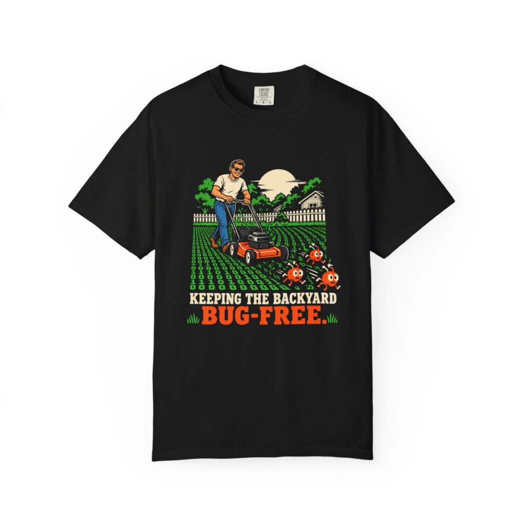 Bug-Free Backyard T-shirt in Black, front view