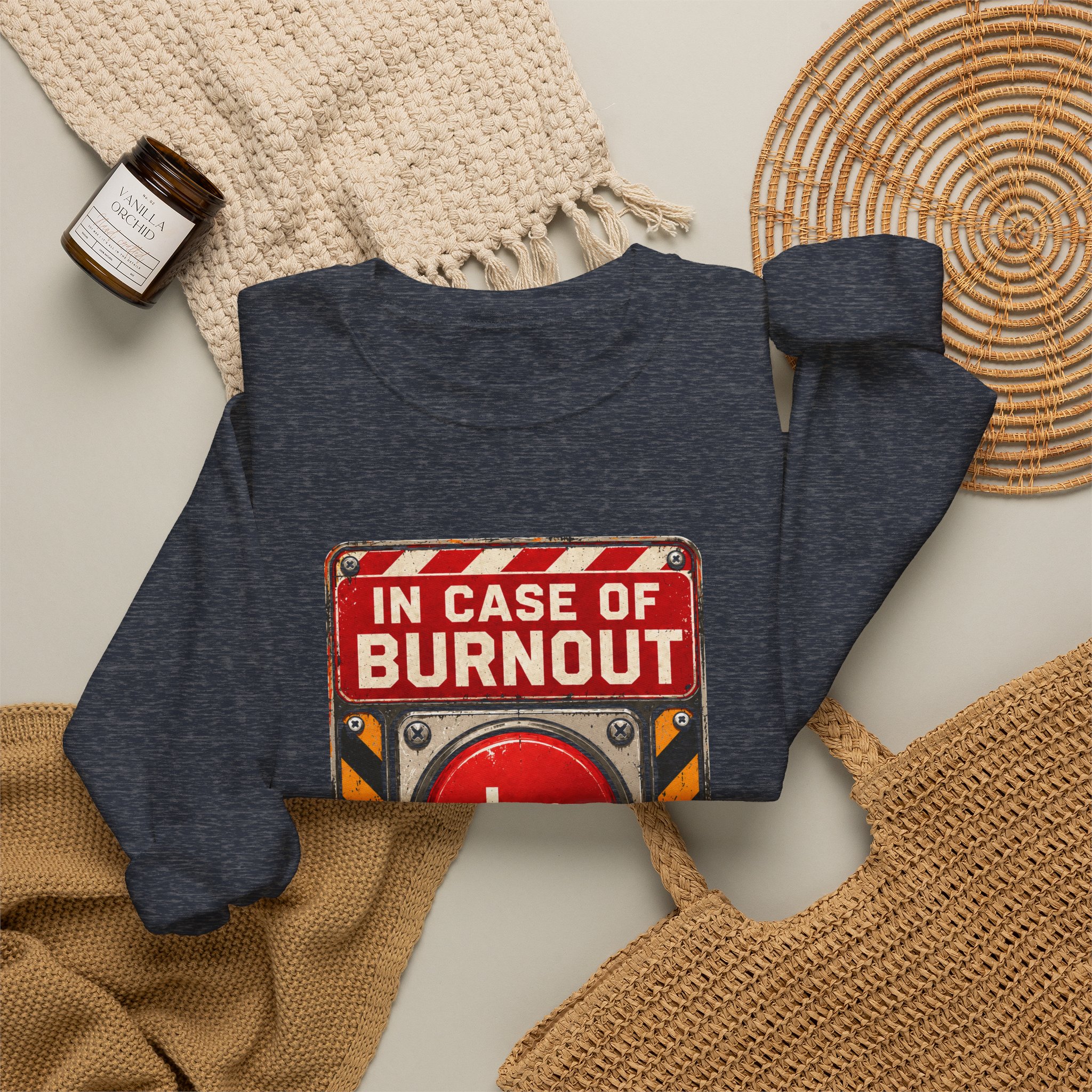 In Case of Burnout crewneck sweatshirt in Heather Sport Dark Navy, folded 2