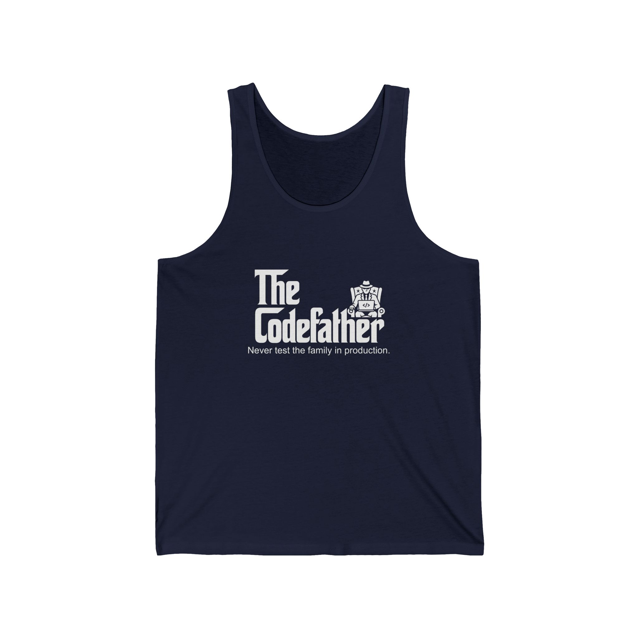 The Codefather unisex tank in Navy, front view