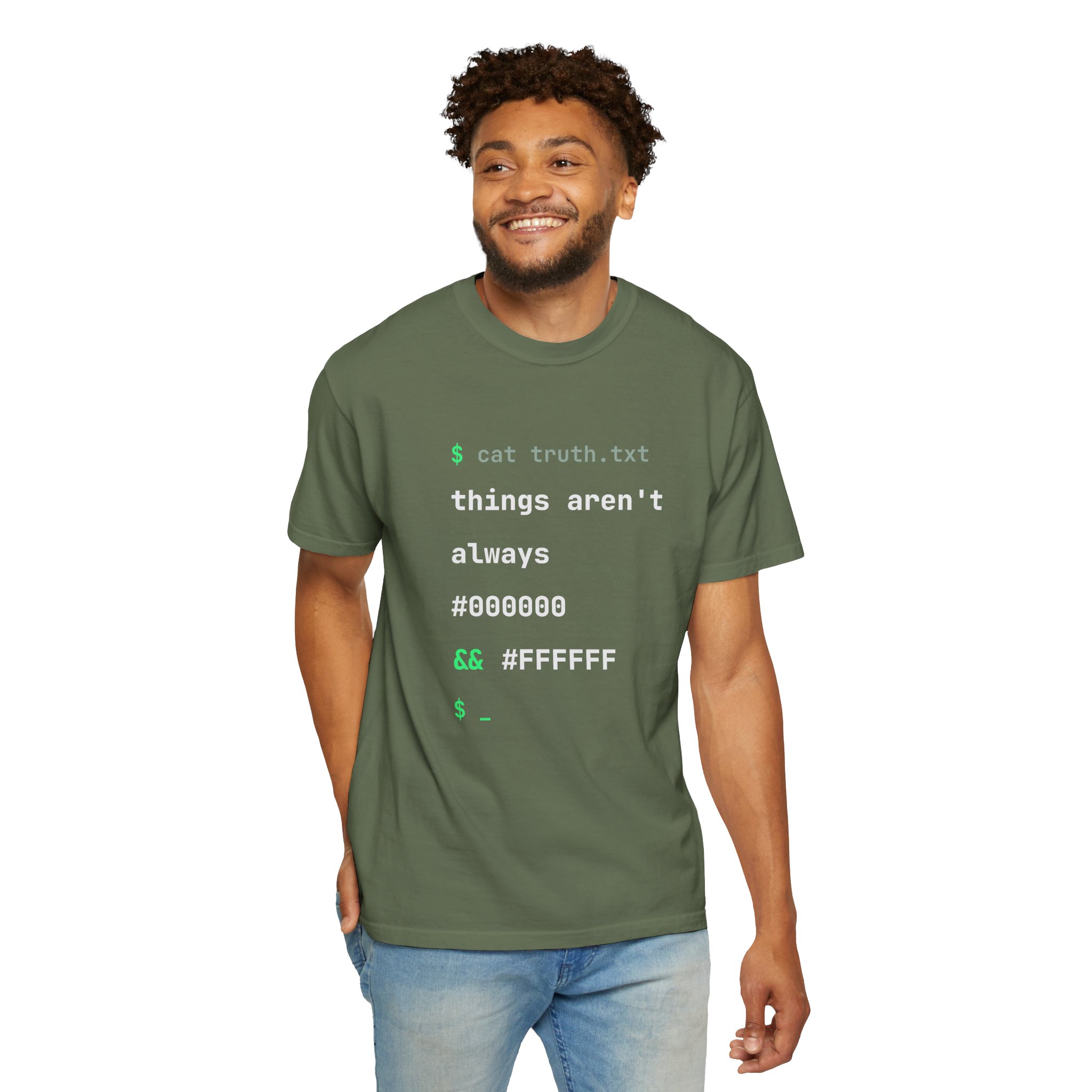 cat truth.txt T-shirt in Sage, worn by a man, second model