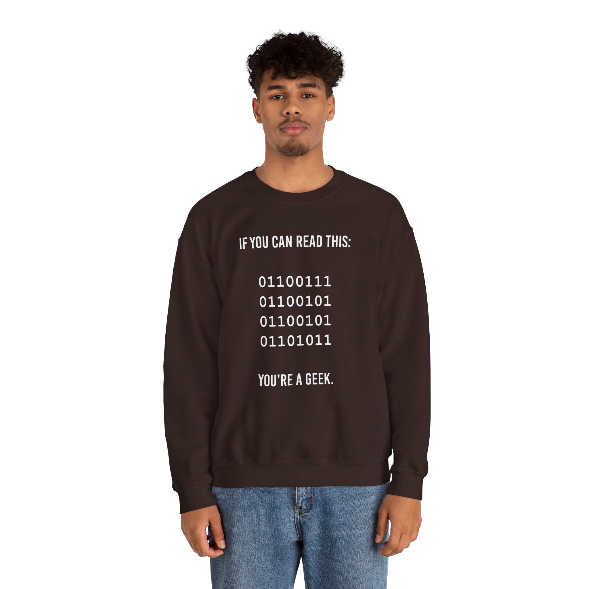 Geek Binary Code crewneck sweatshirt in Dark Chocolate, worn by a model, second view
