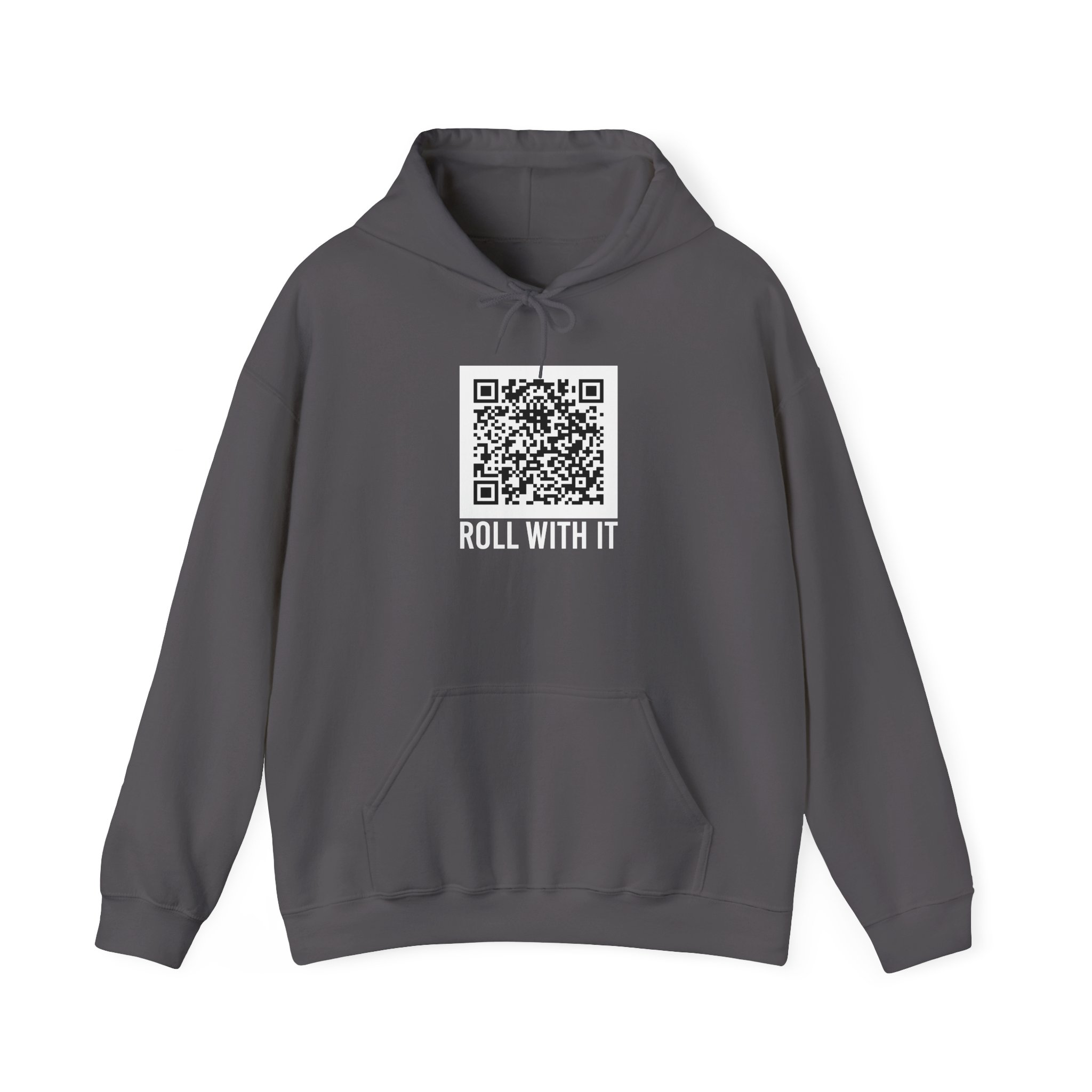 Roll With It QR Code hoodie in Charcoal, front view