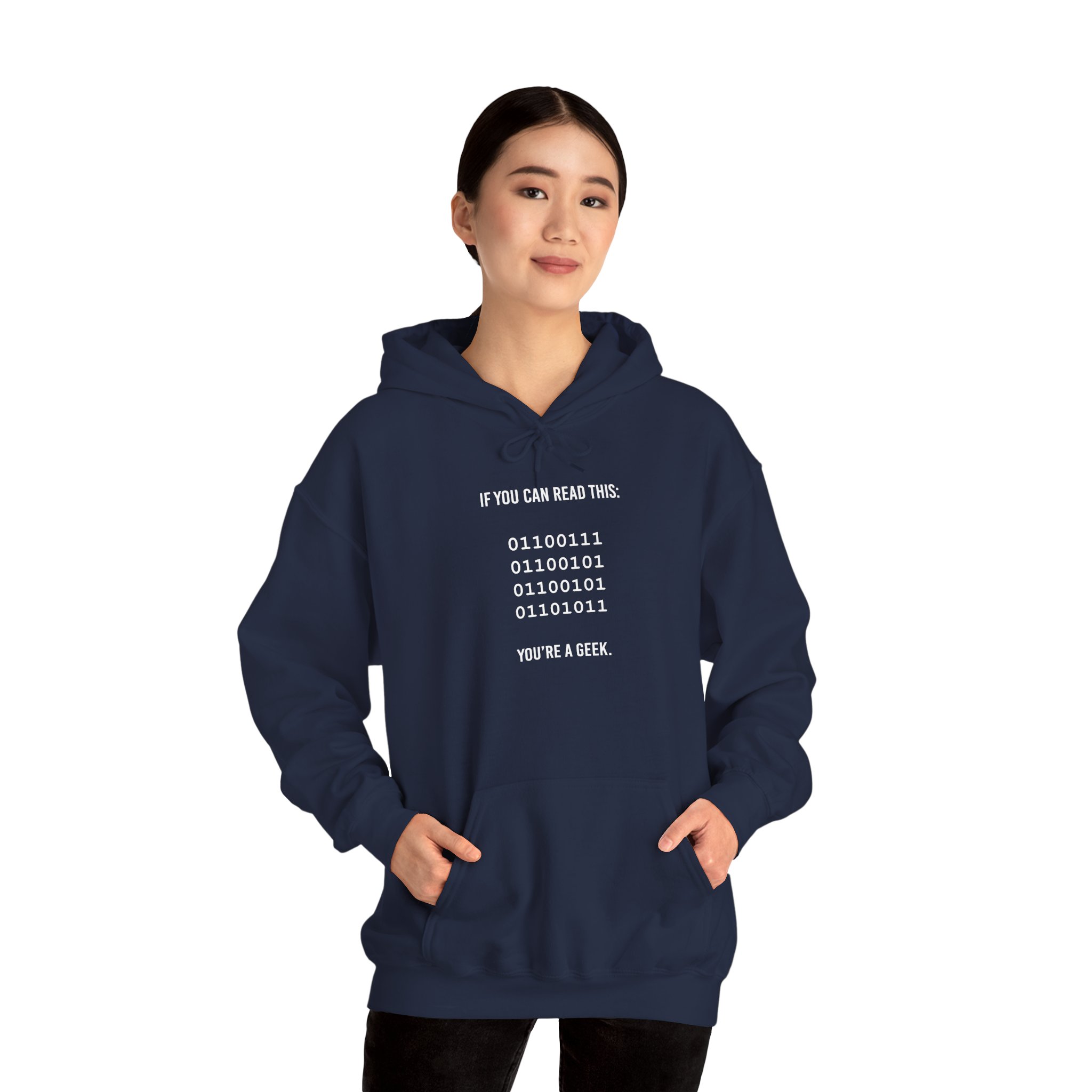 Geek Binary Code hoodie in Navy, worn by a model