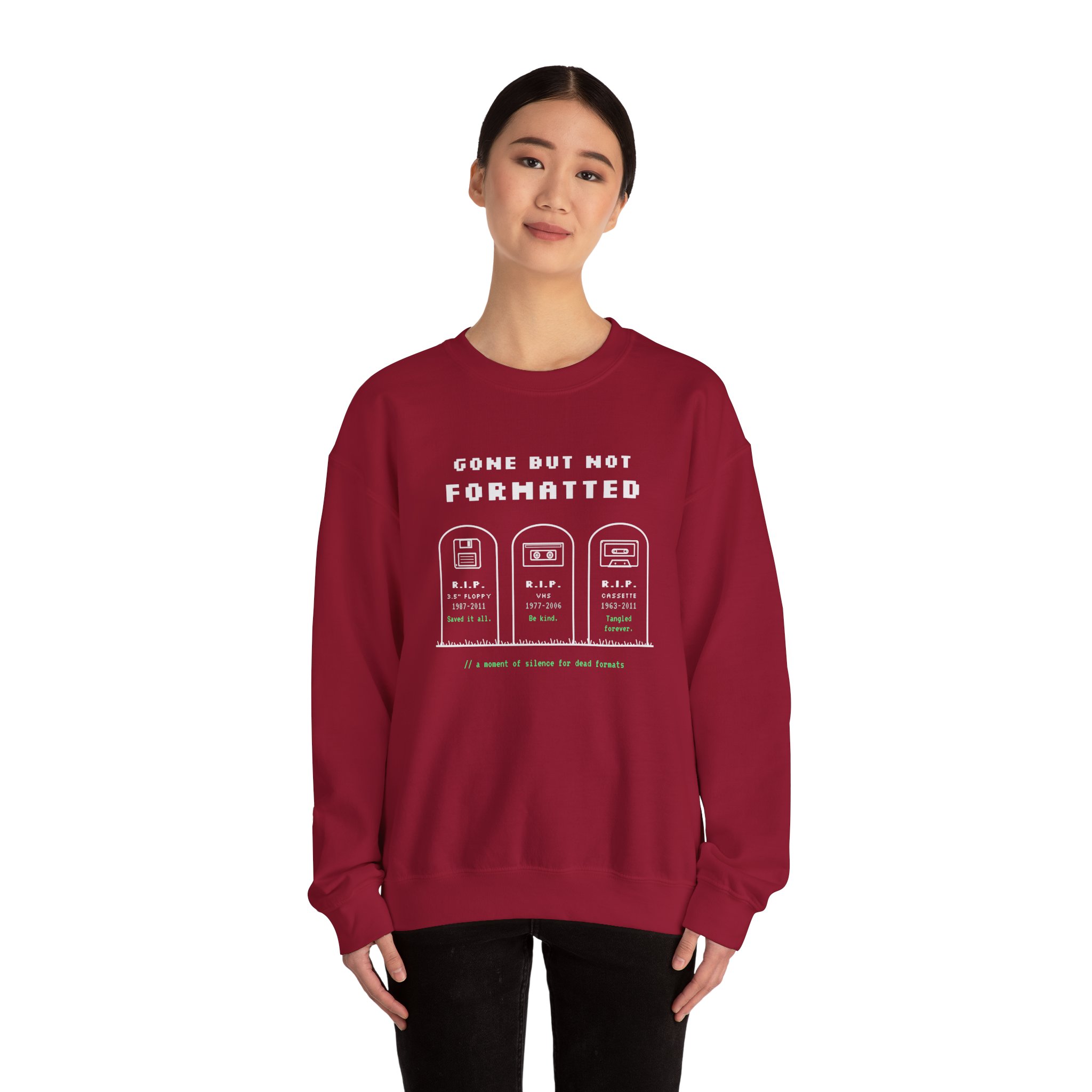 Gone But Not Formatted crewneck sweatshirt in Cardinal Red, worn by a model