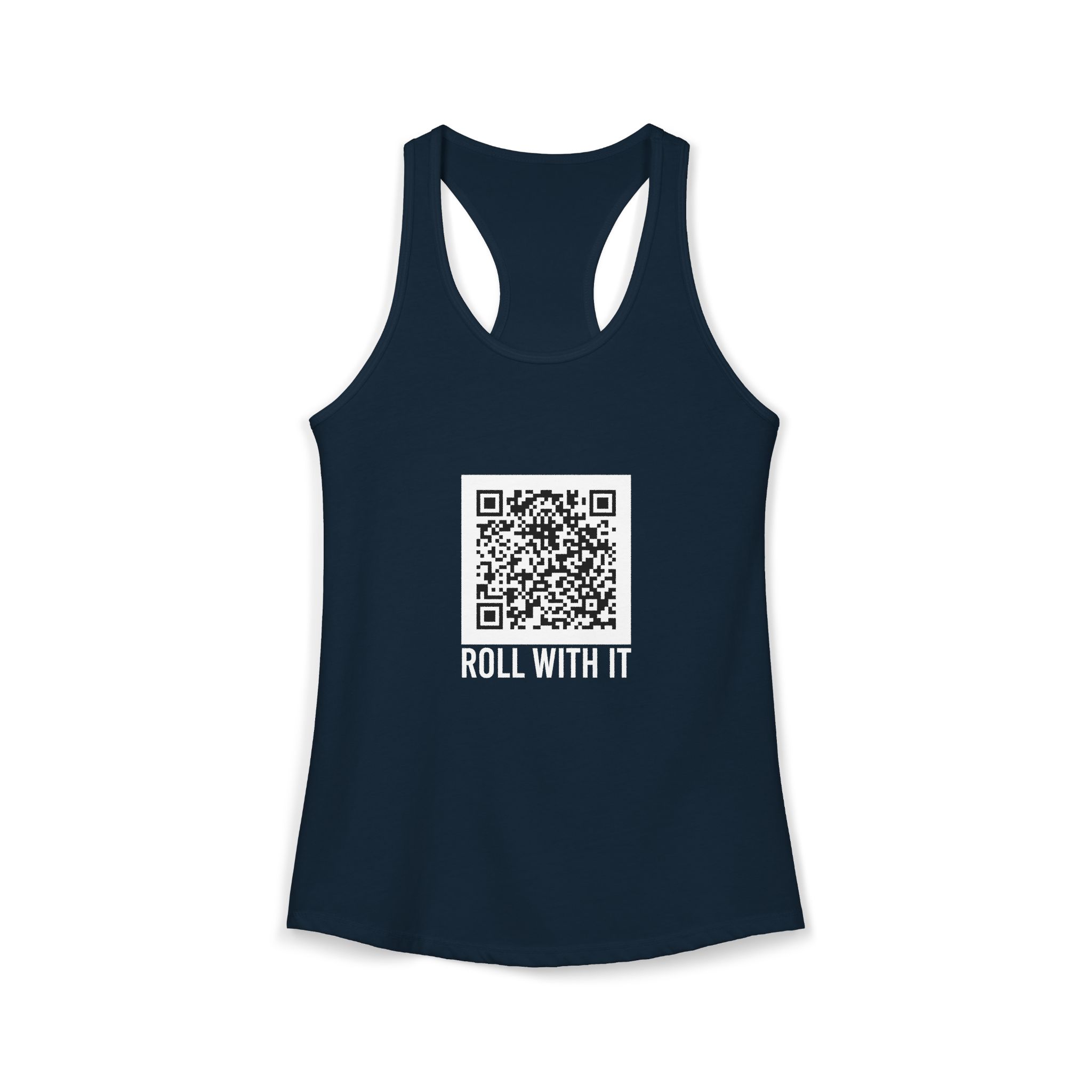Roll With It QR Code women's racerback tank in Solid Midnight Navy, front 2