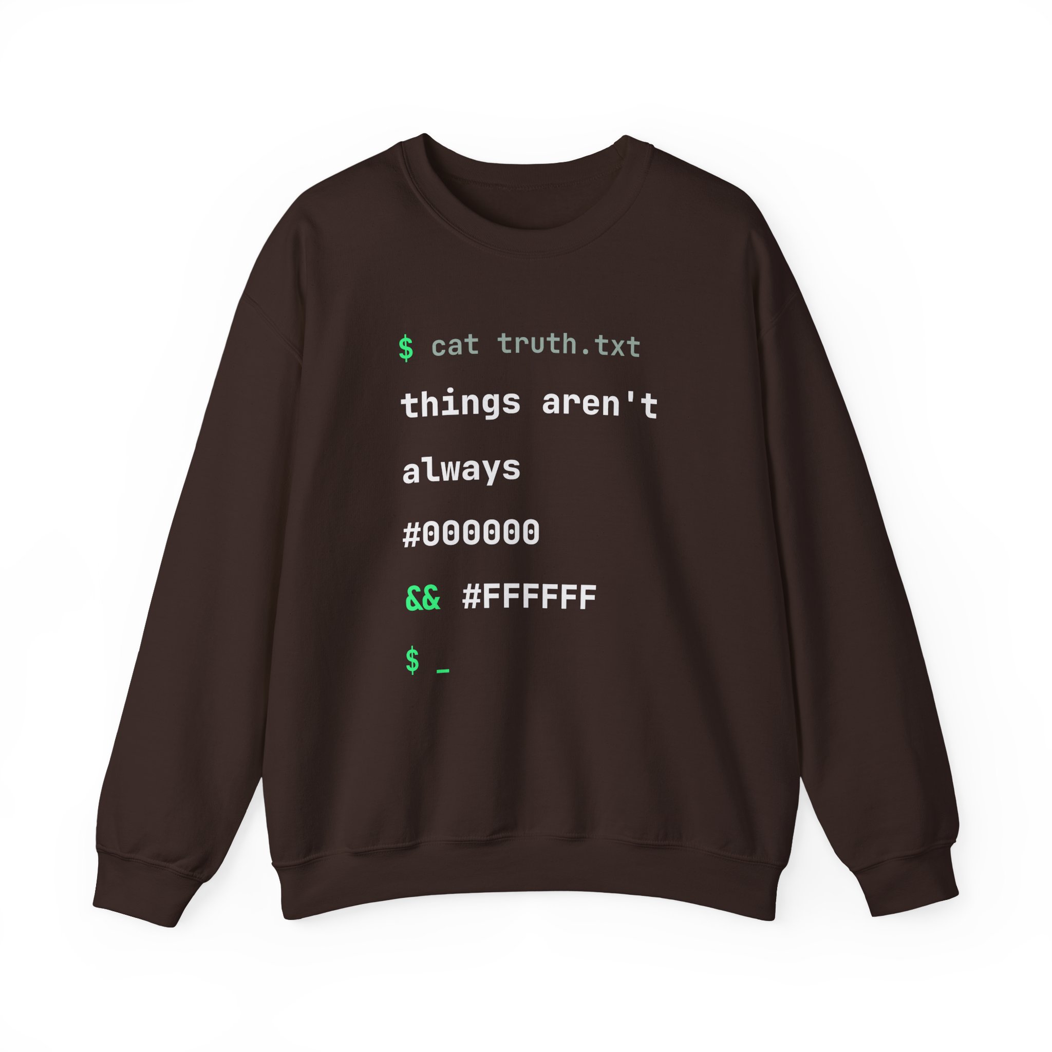 cat truth.txt crewneck sweatshirt in Dark Chocolate, front view