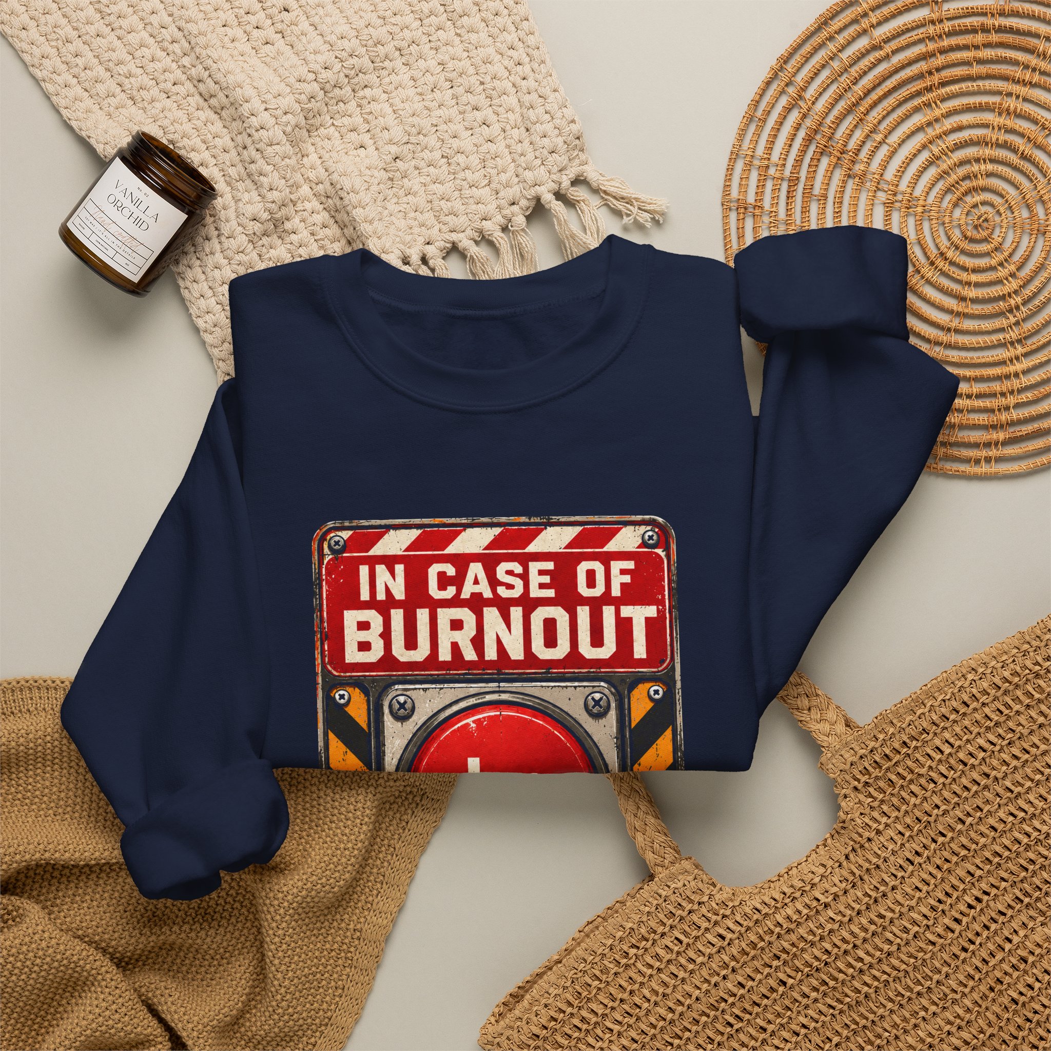 In Case of Burnout crewneck sweatshirt in Navy, folded 2