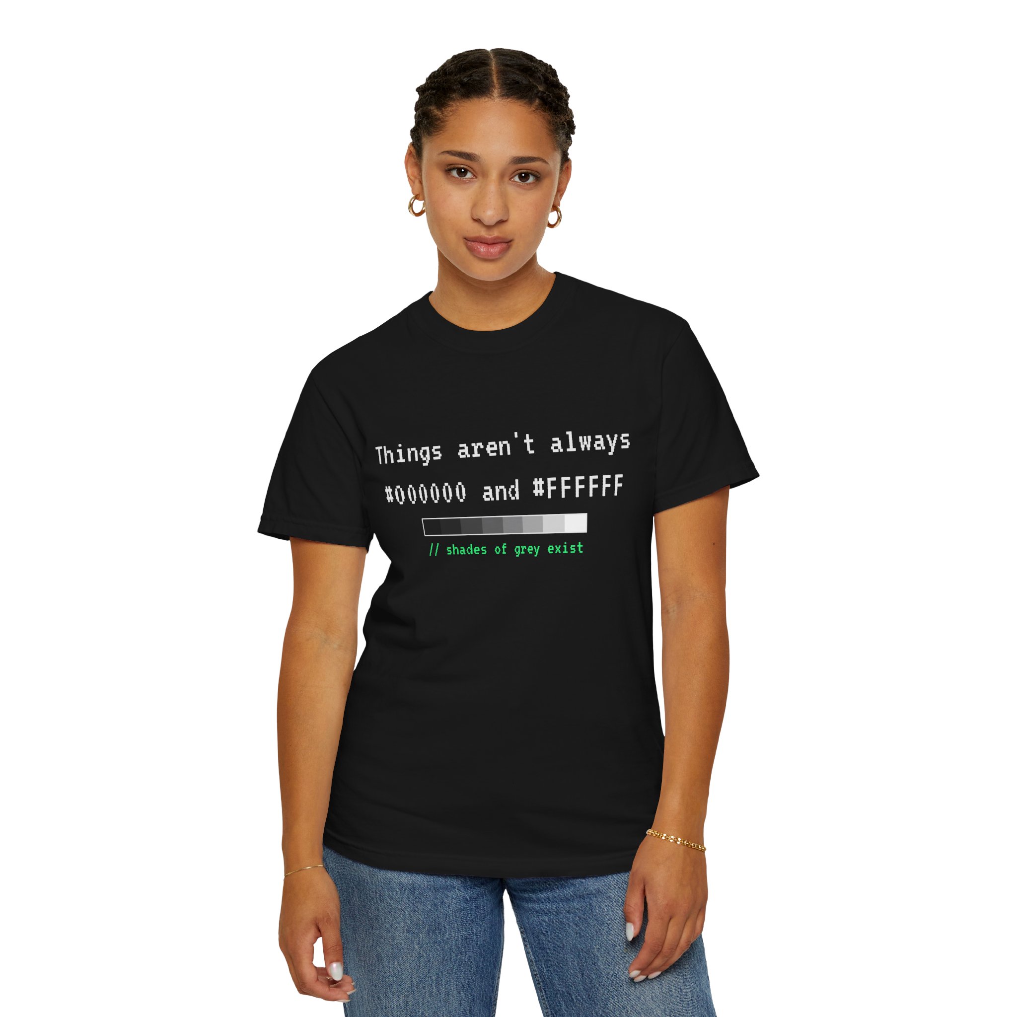 Shades of Grey Exist T-shirt in Black, worn by a woman, second model