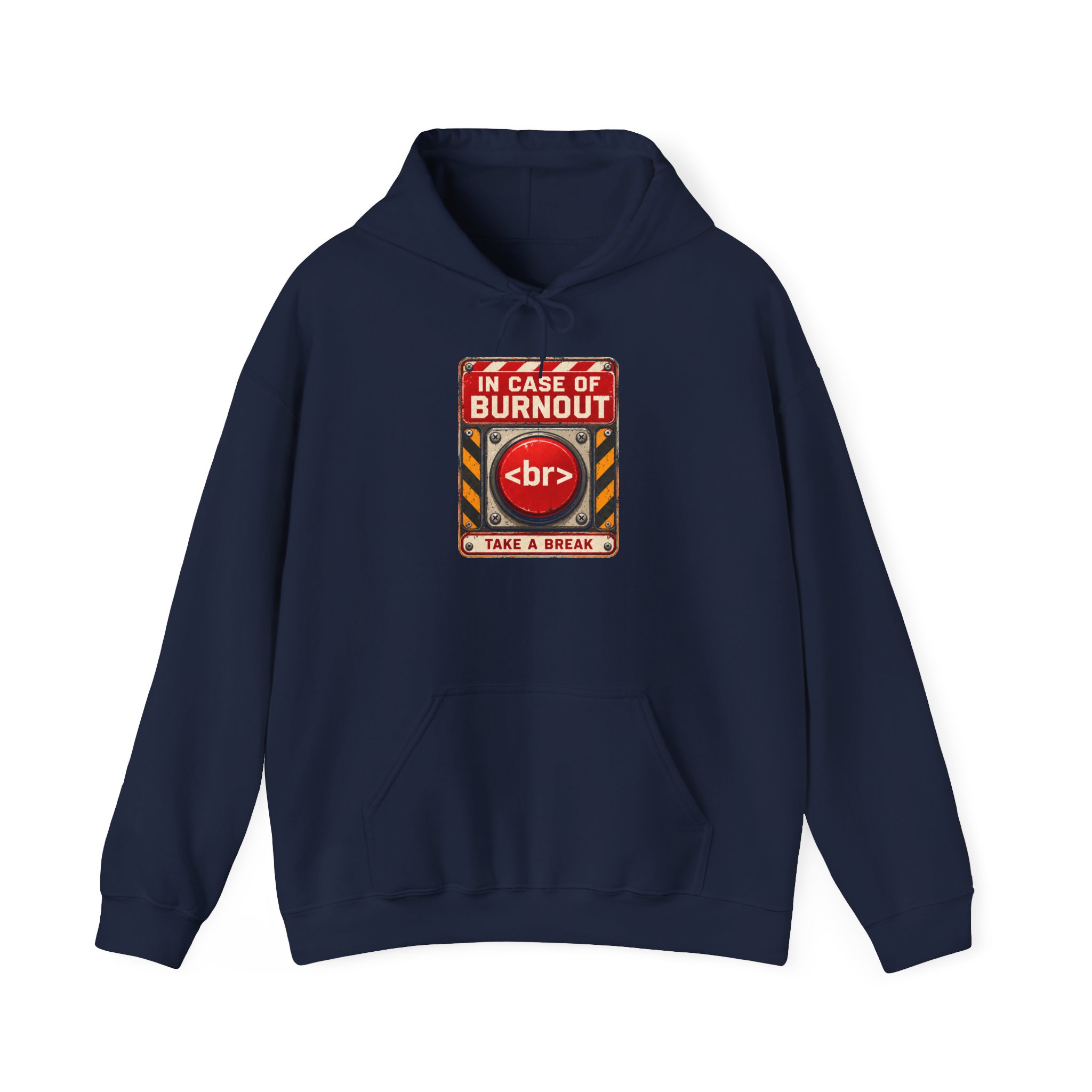 In Case of Burnout hoodie in Navy, front view