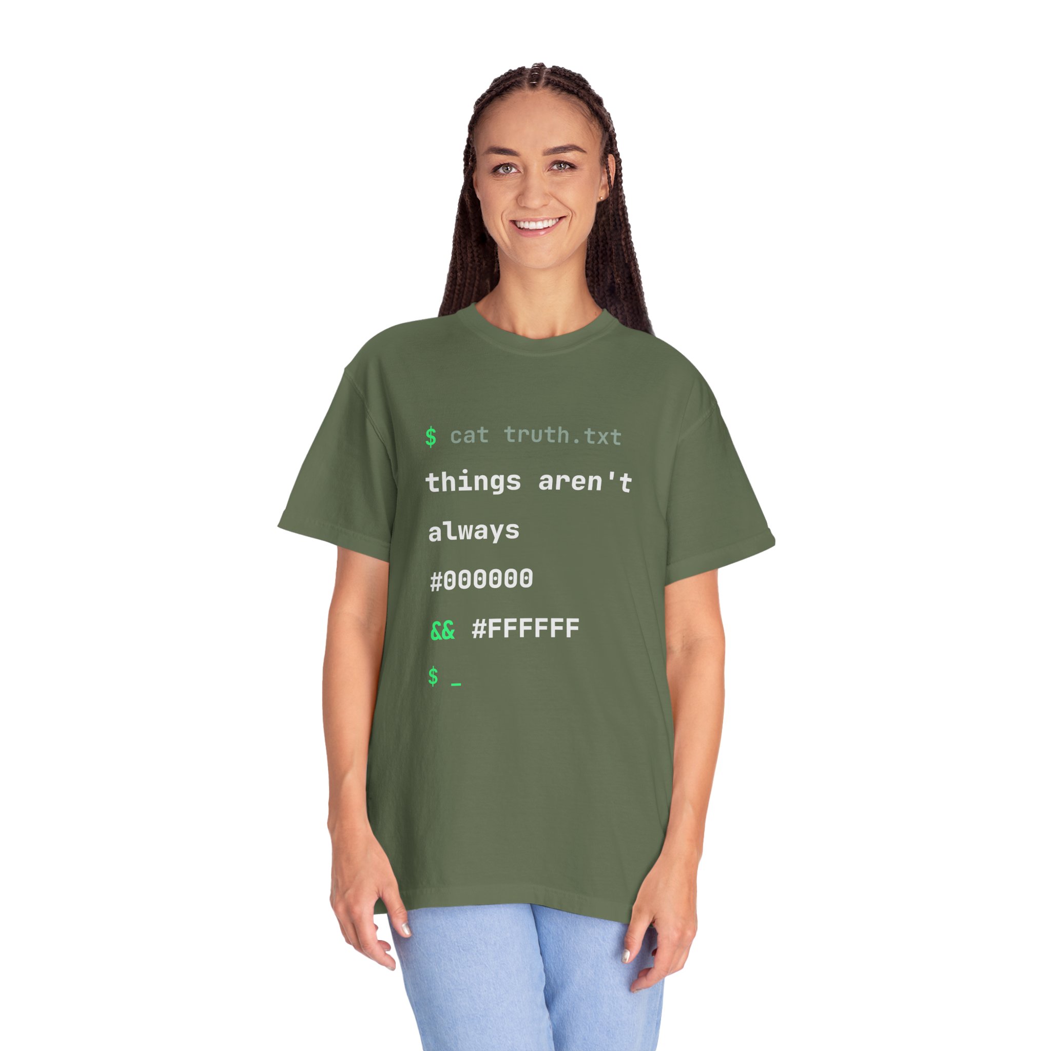 cat truth.txt T-shirt in Sage, worn by a woman