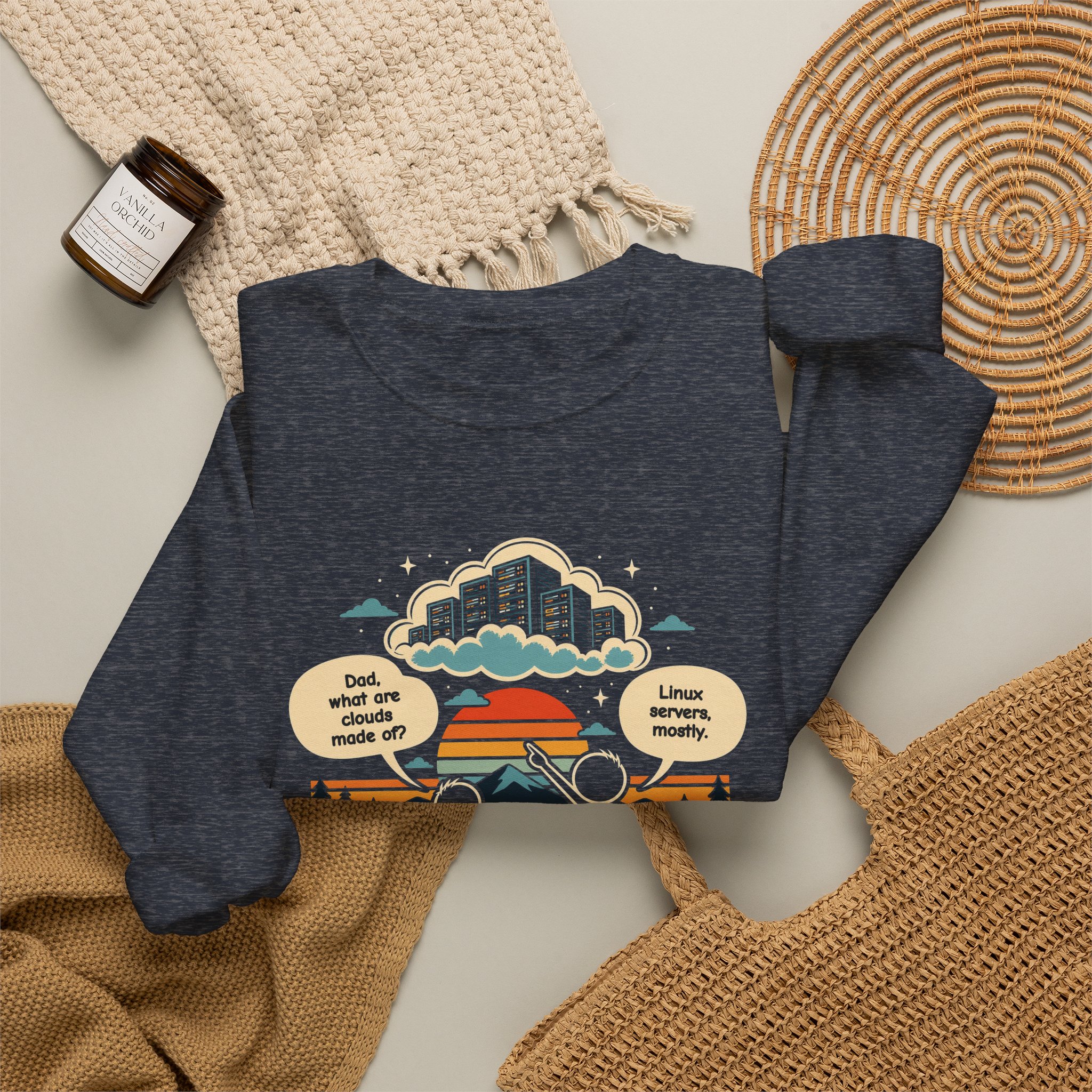 Linux Clouds crewneck sweatshirt in Heather Sport Dark Navy, folded 2