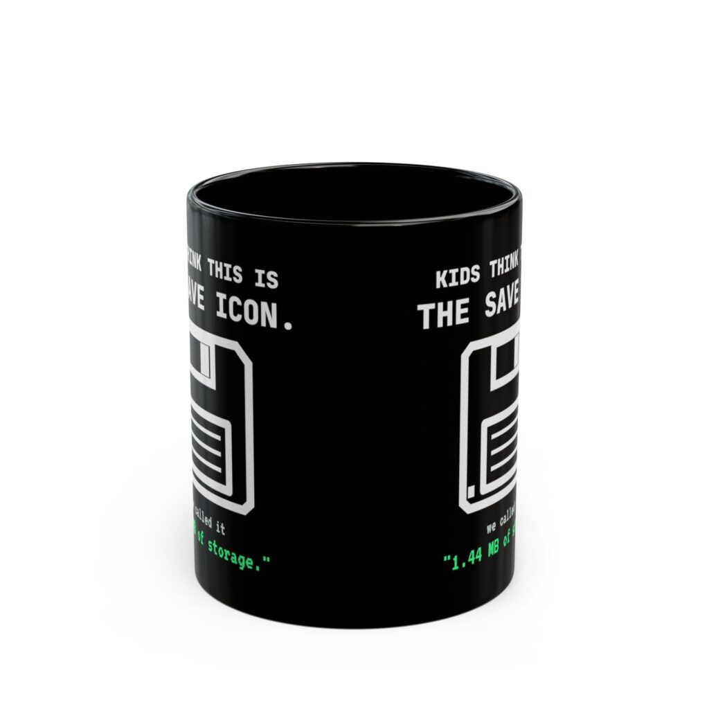 The Original Save Icon black mug, 11 oz, front view