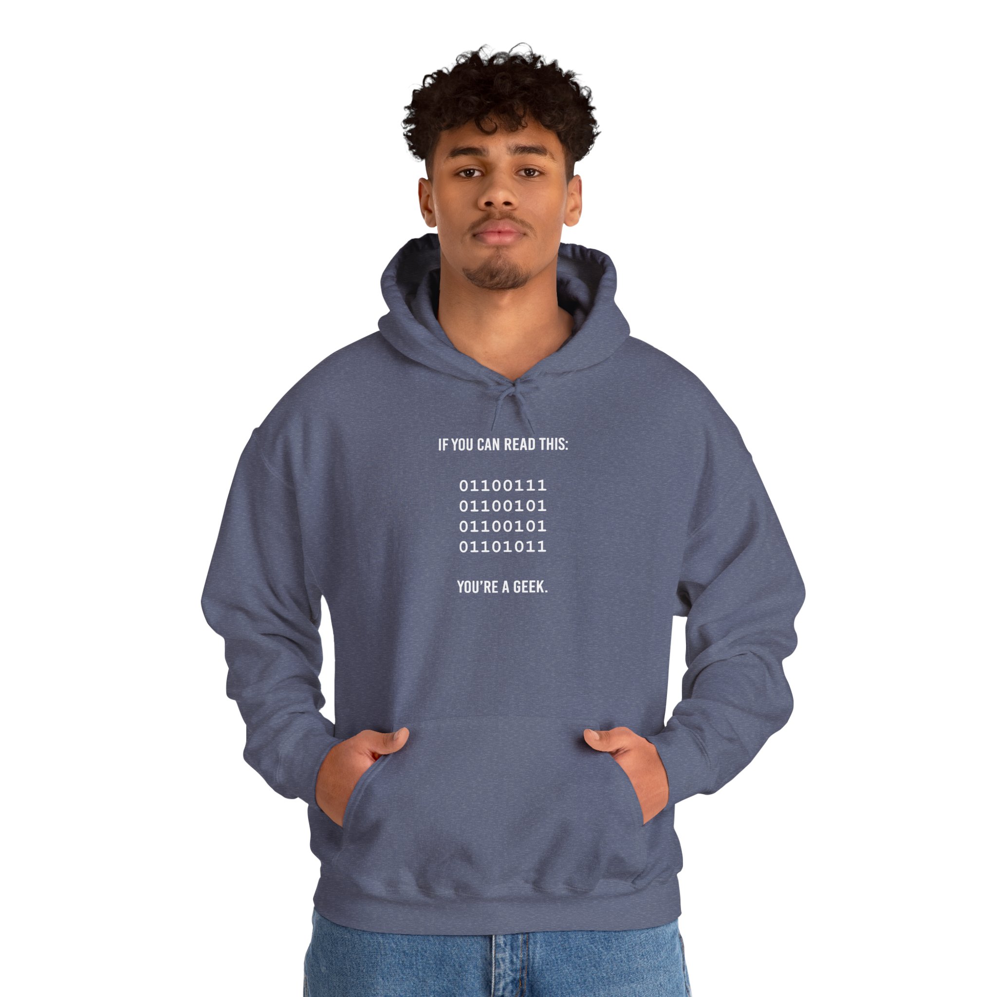 Geek Binary Code hoodie in Heather Navy, worn by a model, second view
