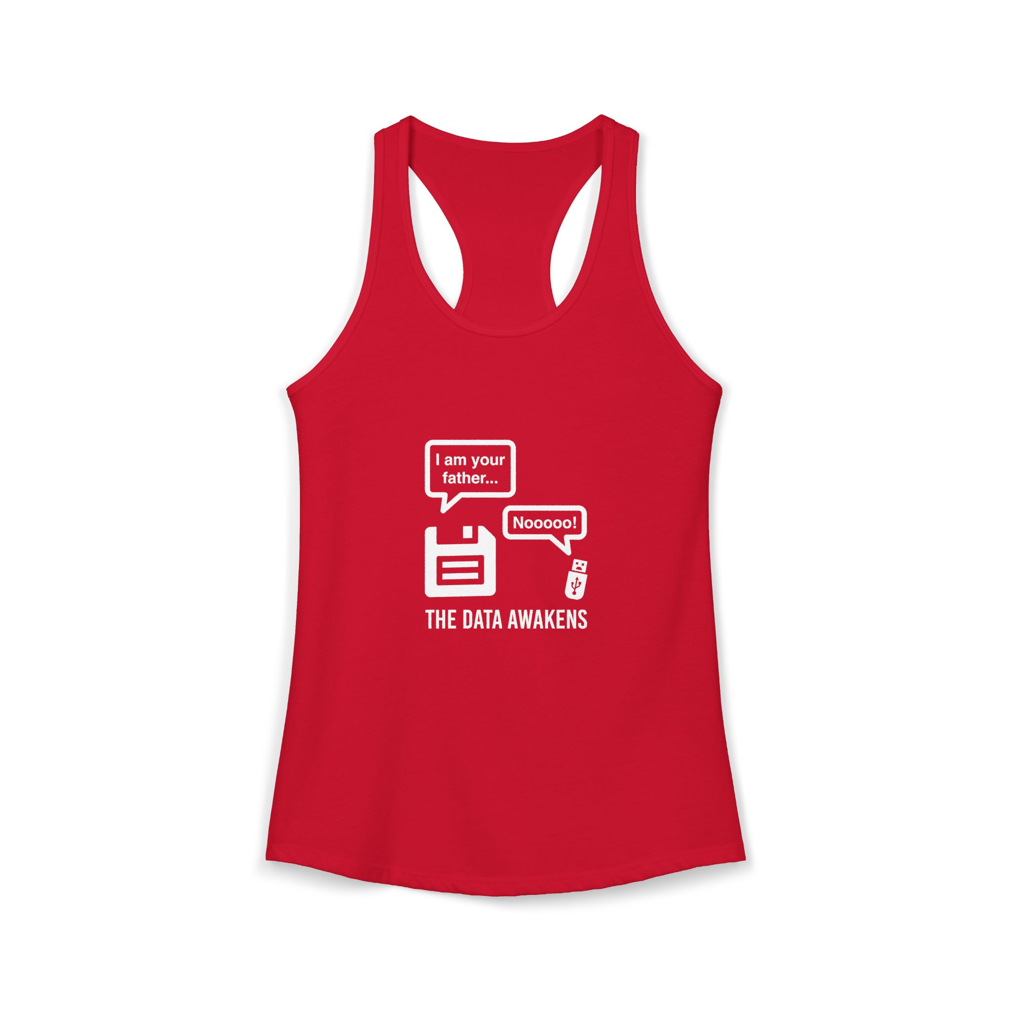The Data Awakens women's racerback tank in Solid Red, front 2