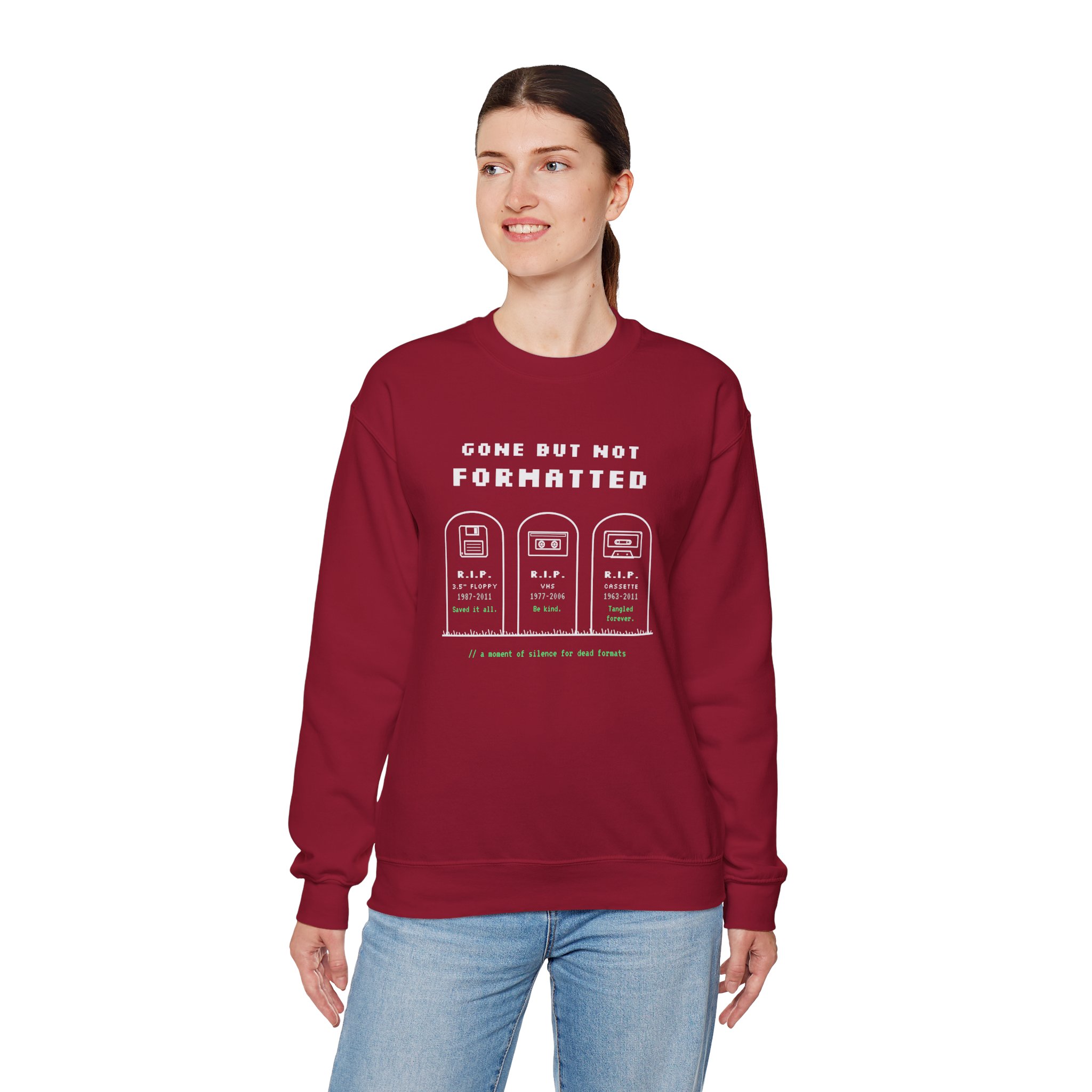 Gone But Not Formatted crewneck sweatshirt in Cardinal Red, worn by a model, fourth view