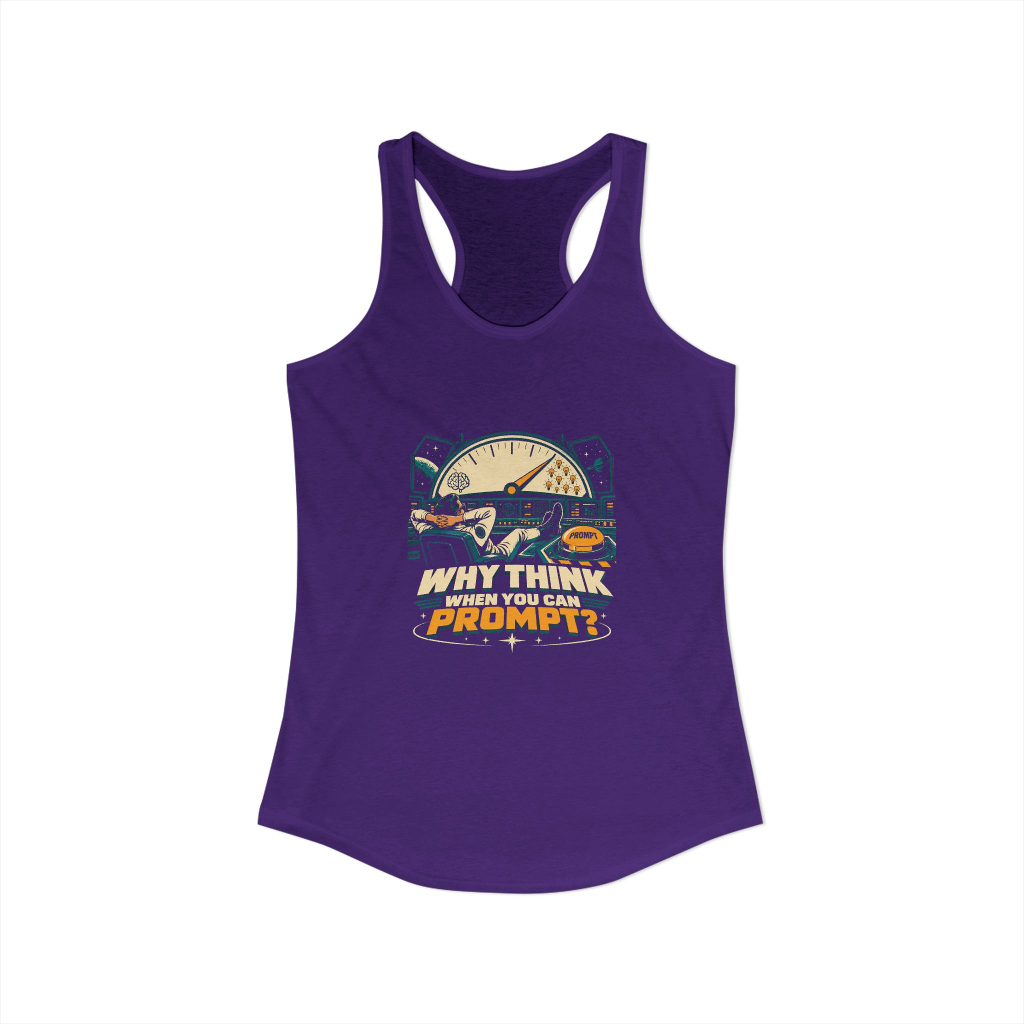Prompt Mission Control women's racerback tank in Solid Purple Rush, front view