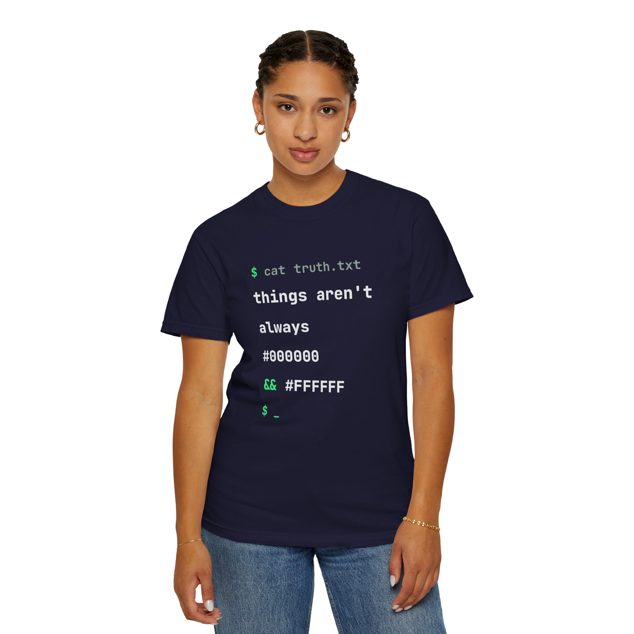 cat truth.txt T-shirt in True Navy, worn by a woman, second model