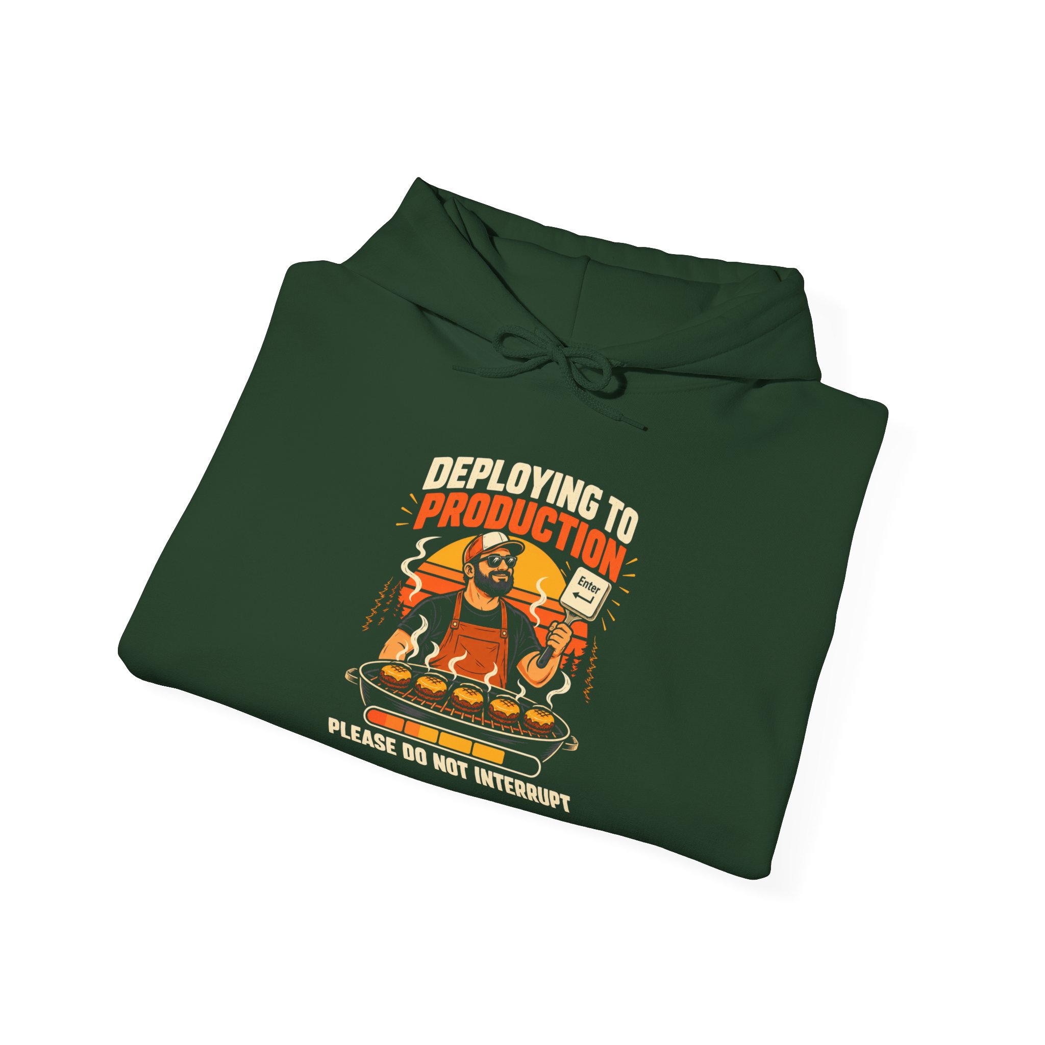 Deploying to Production hoodie in Forest Green, folded