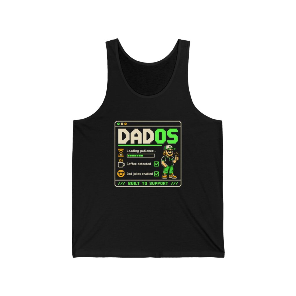 DadOS unisex tank in Black, front view