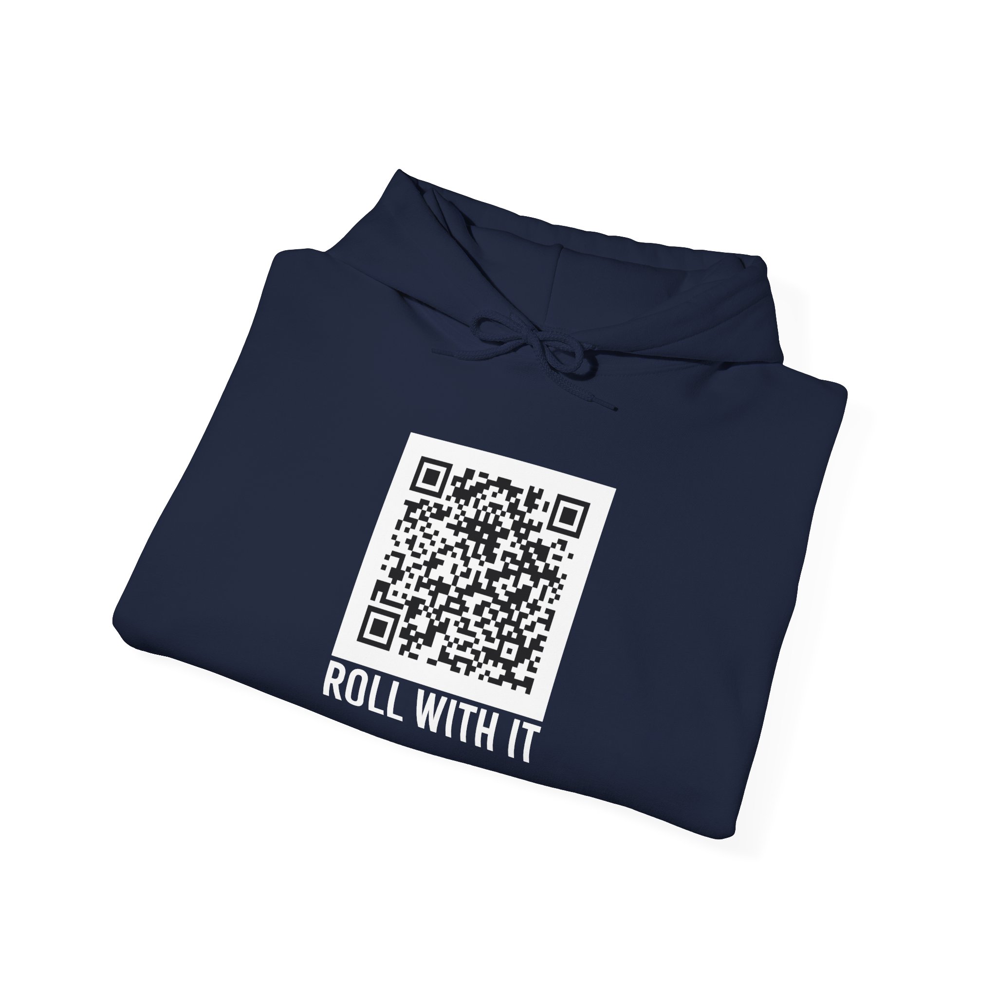 Roll With It QR Code hoodie in Navy, folded