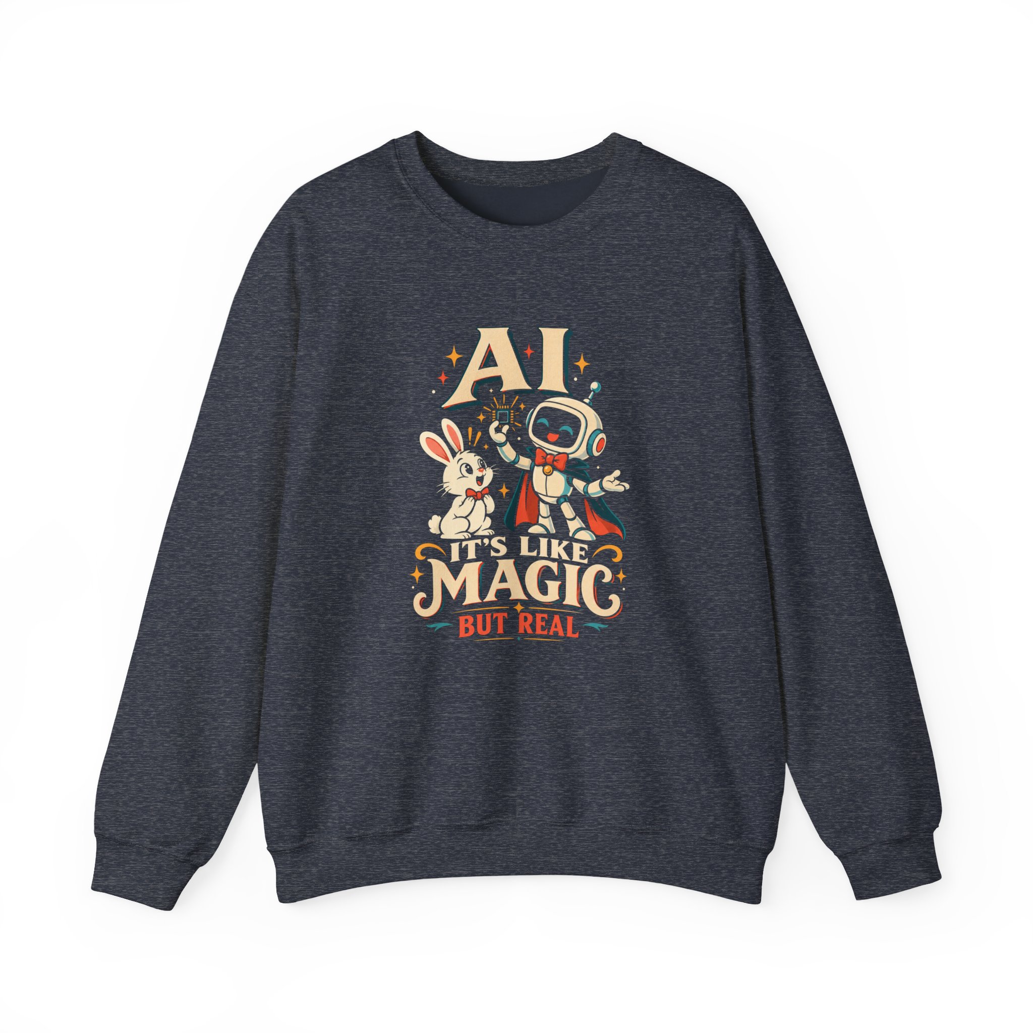 AI Magic Bunny crewneck sweatshirt in Heather Sport Dark Navy, front view