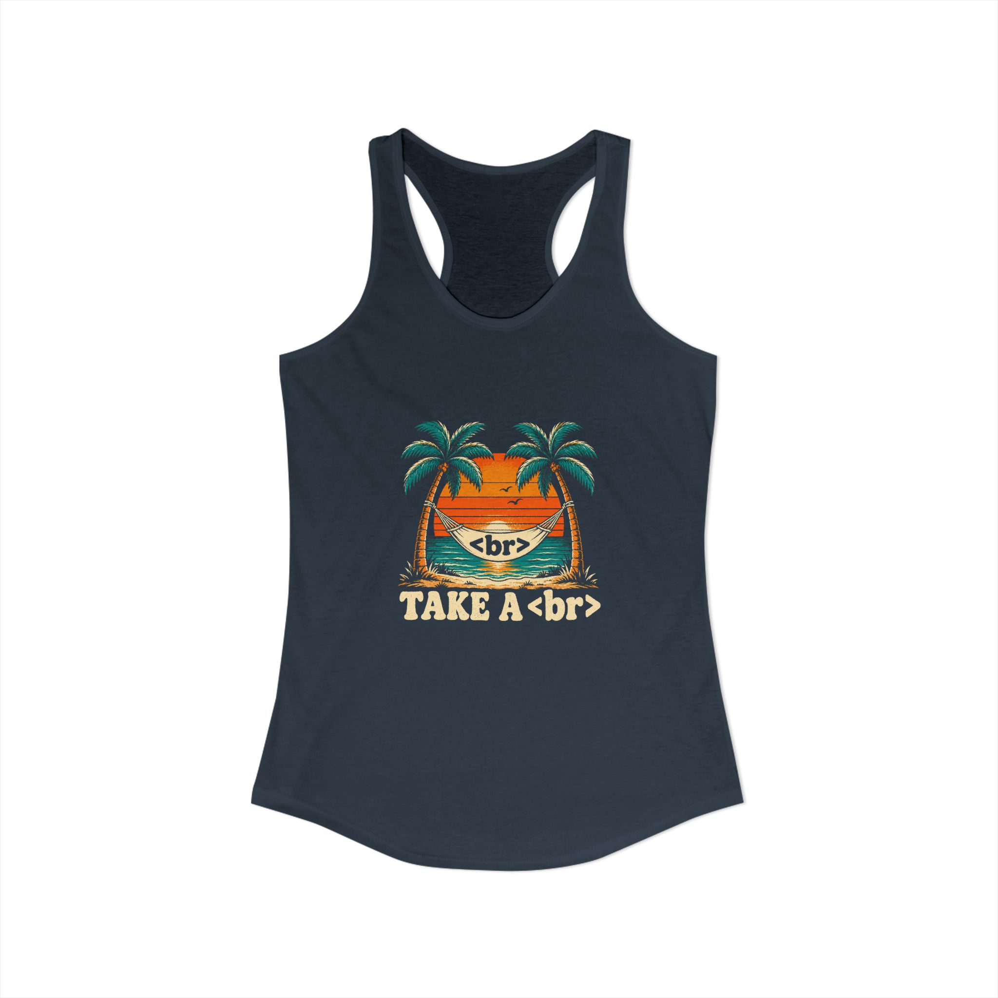 Take a Break Hammock women's racerback tank in Solid Indigo, front view
