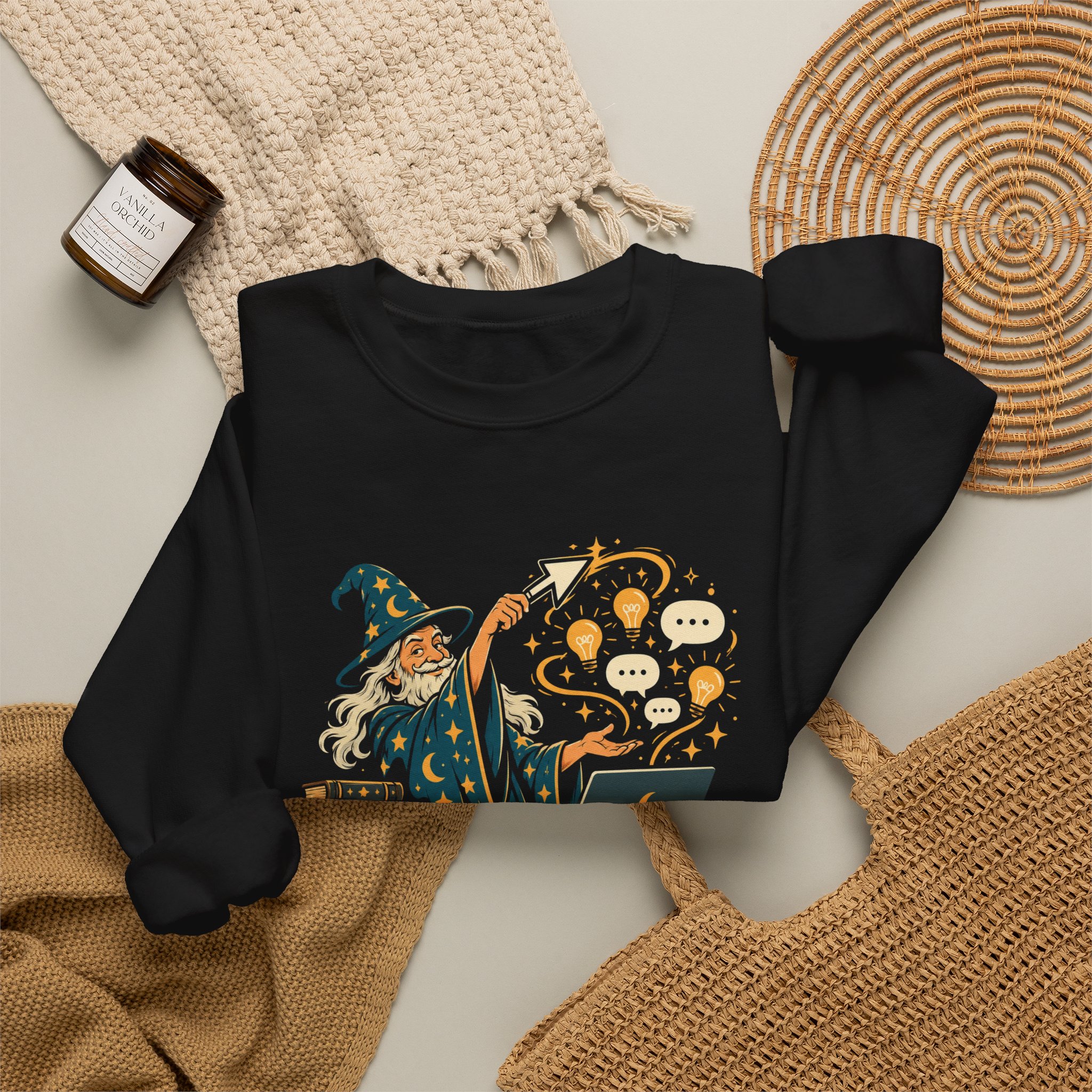 Prompt Wizard crewneck sweatshirt in Black, folded 2