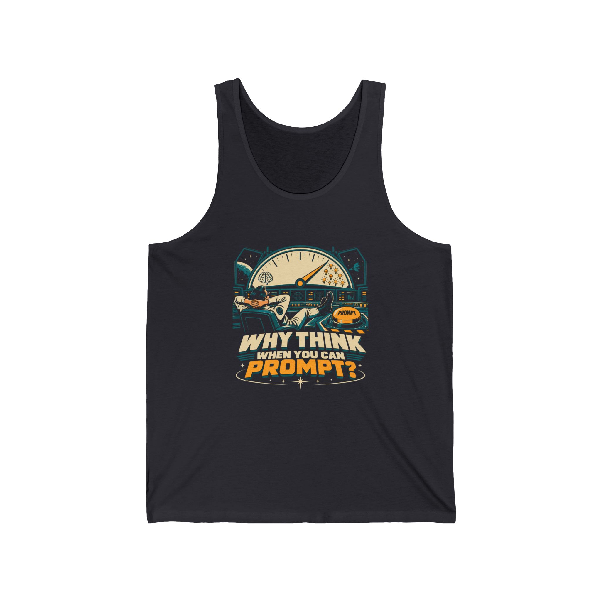 Prompt Mission Control unisex tank in Dark Grey, front view