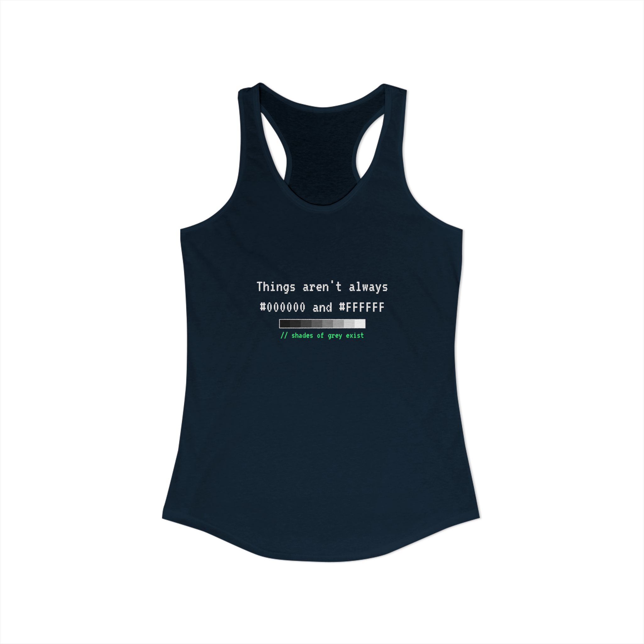 Shades of Grey Exist women's racerback tank in Solid Midnight Navy, front view