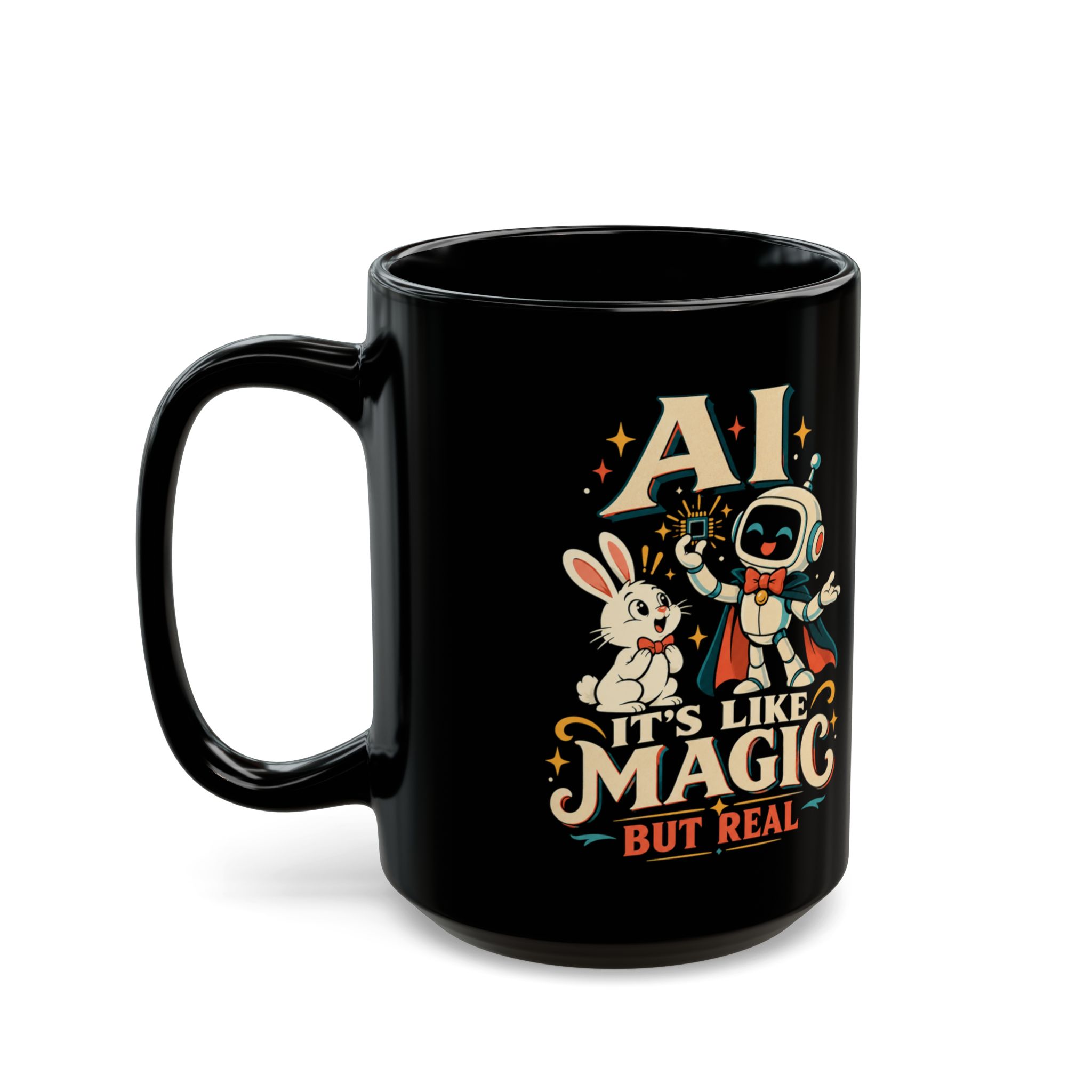 AI Magic Bunny black mug, 15 oz, left side