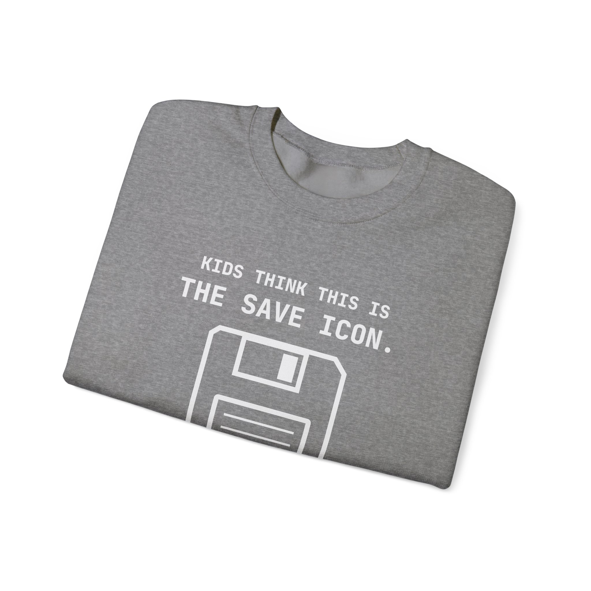 The Original Save Icon crewneck sweatshirt in Graphite Heather, folded