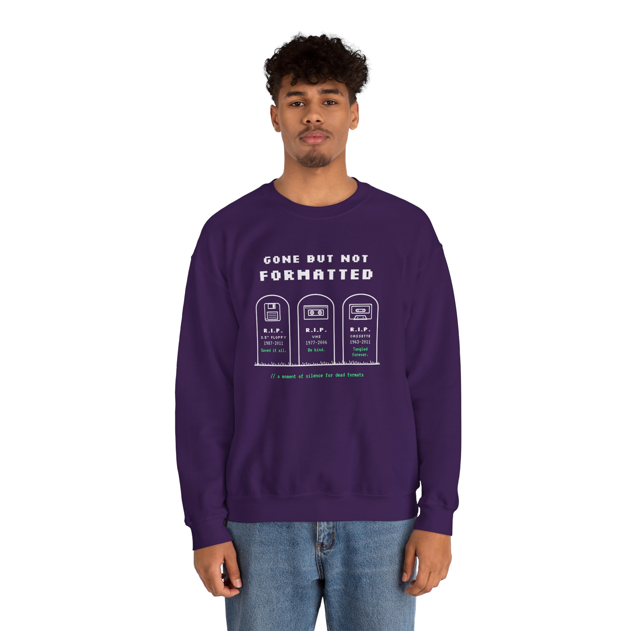 Gone But Not Formatted crewneck sweatshirt in Purple, worn by a model, second view
