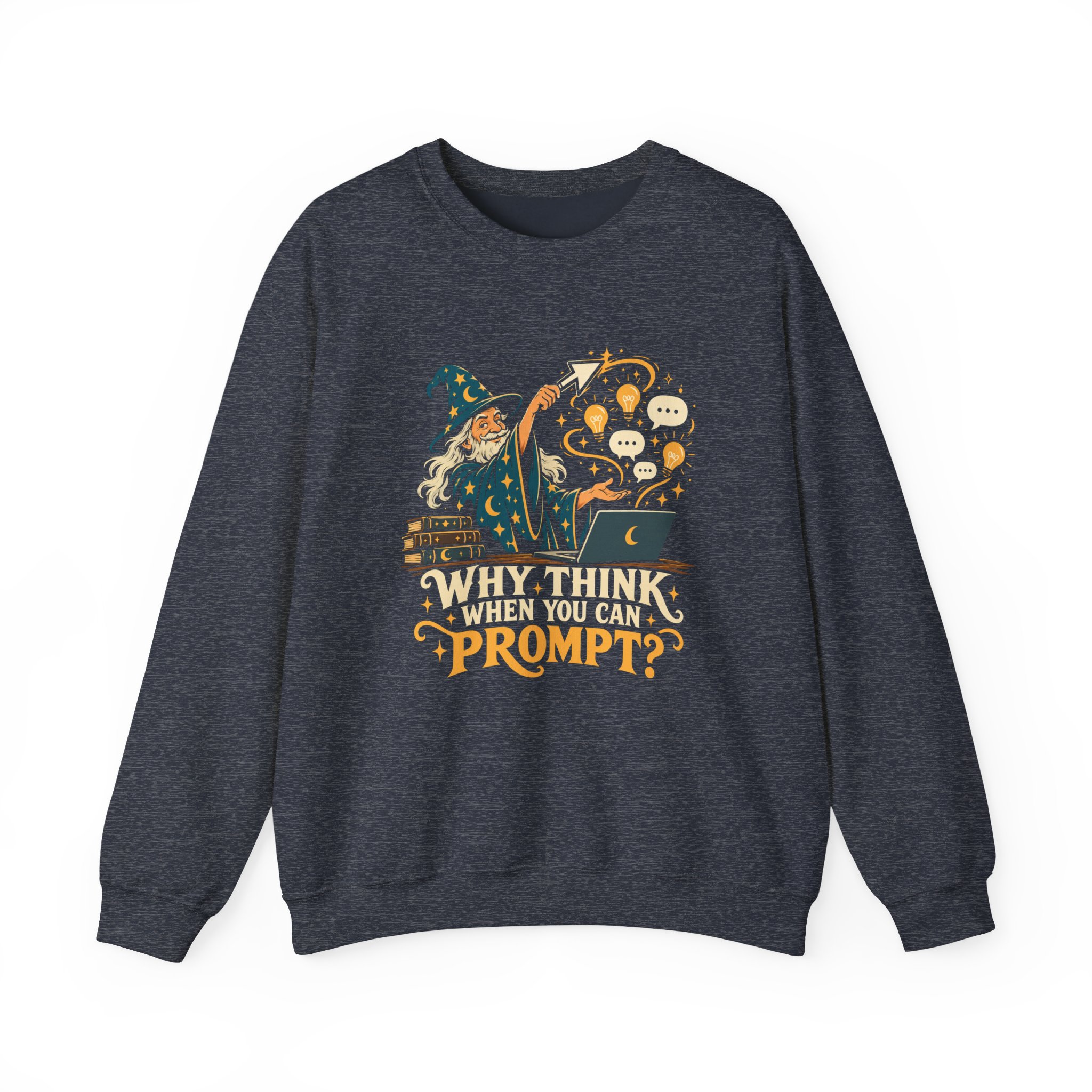 Prompt Wizard crewneck sweatshirt in Heather Sport Dark Navy, front view