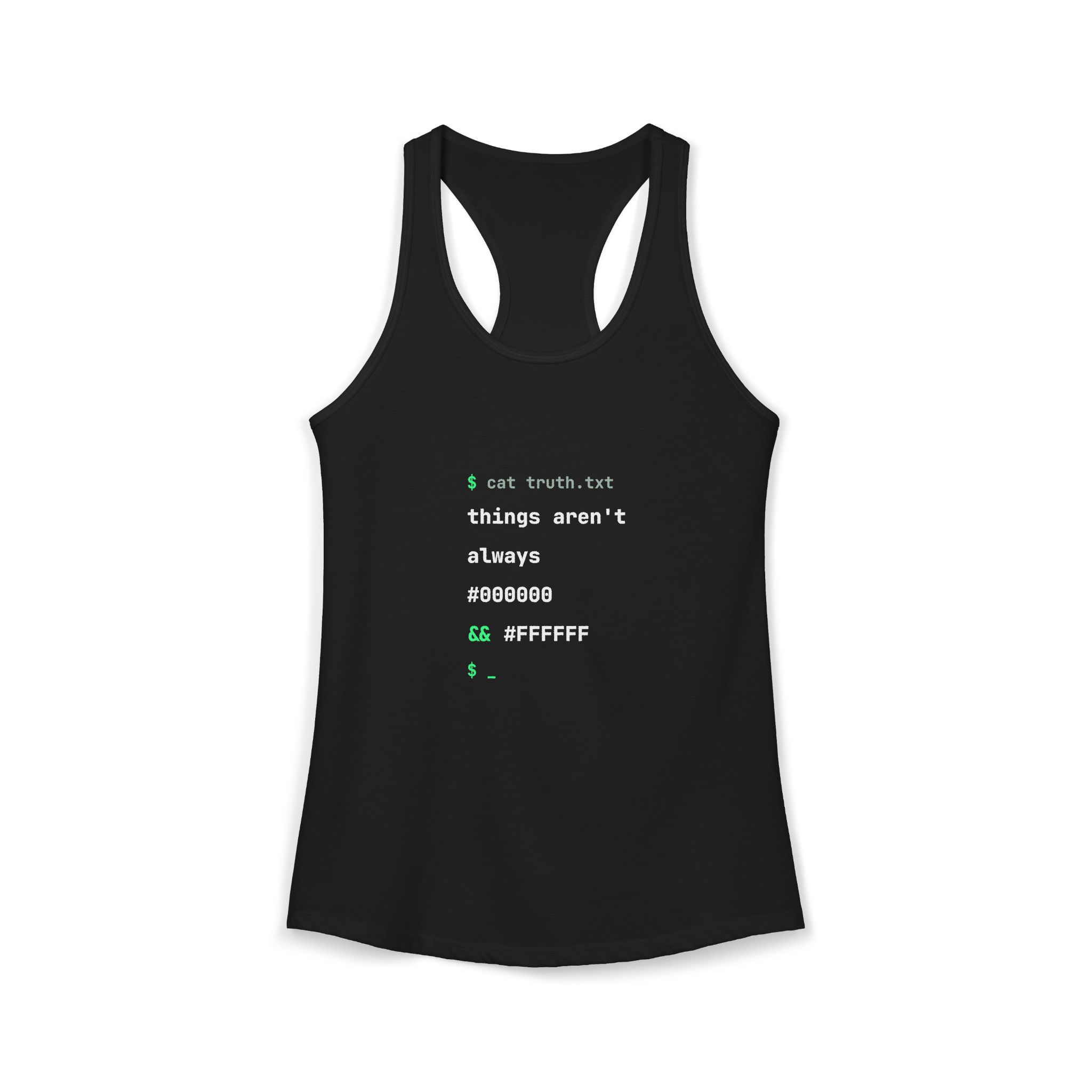 cat truth.txt women's racerback tank in Solid Black, front 2