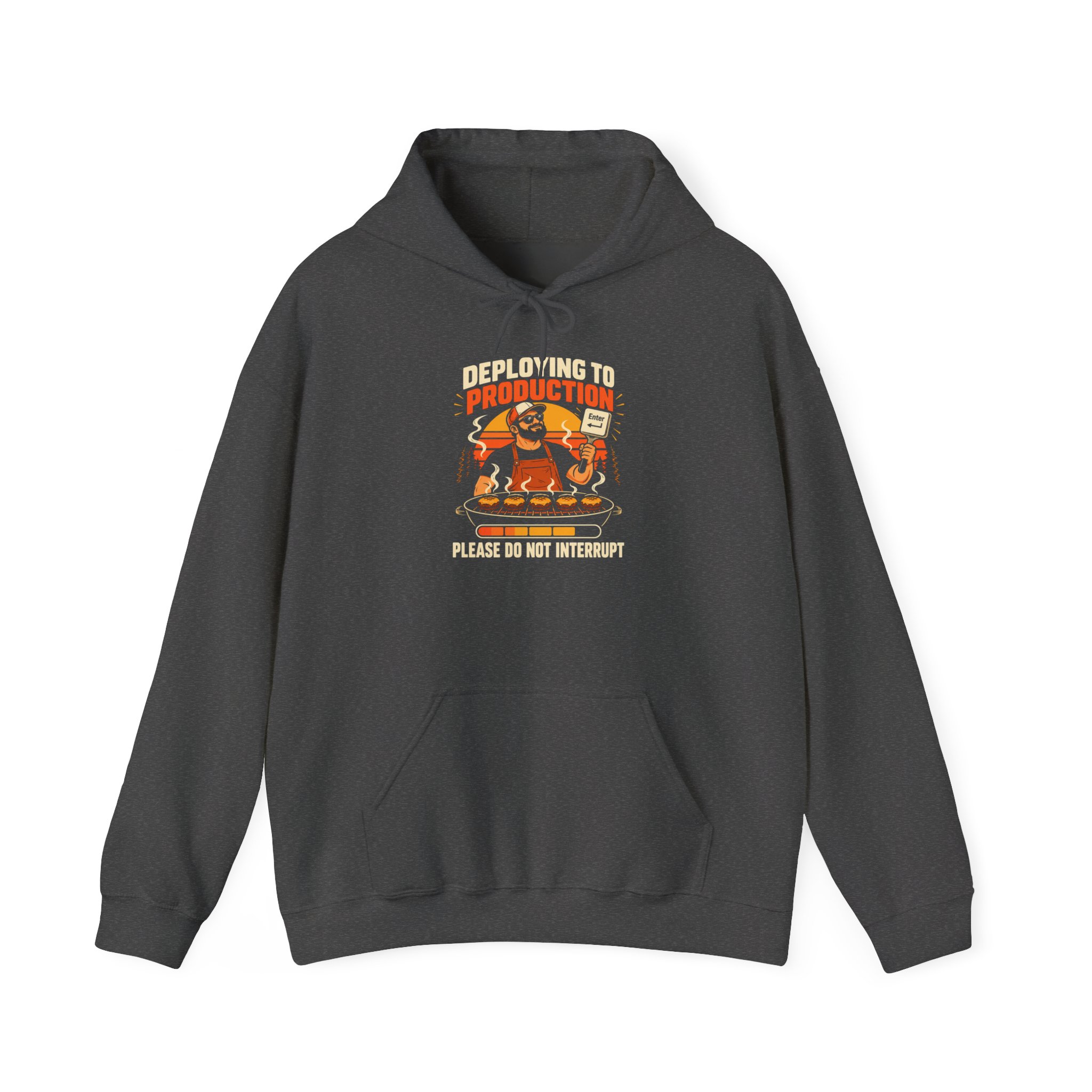 Deploying to Production hoodie in Dark Heather, front view