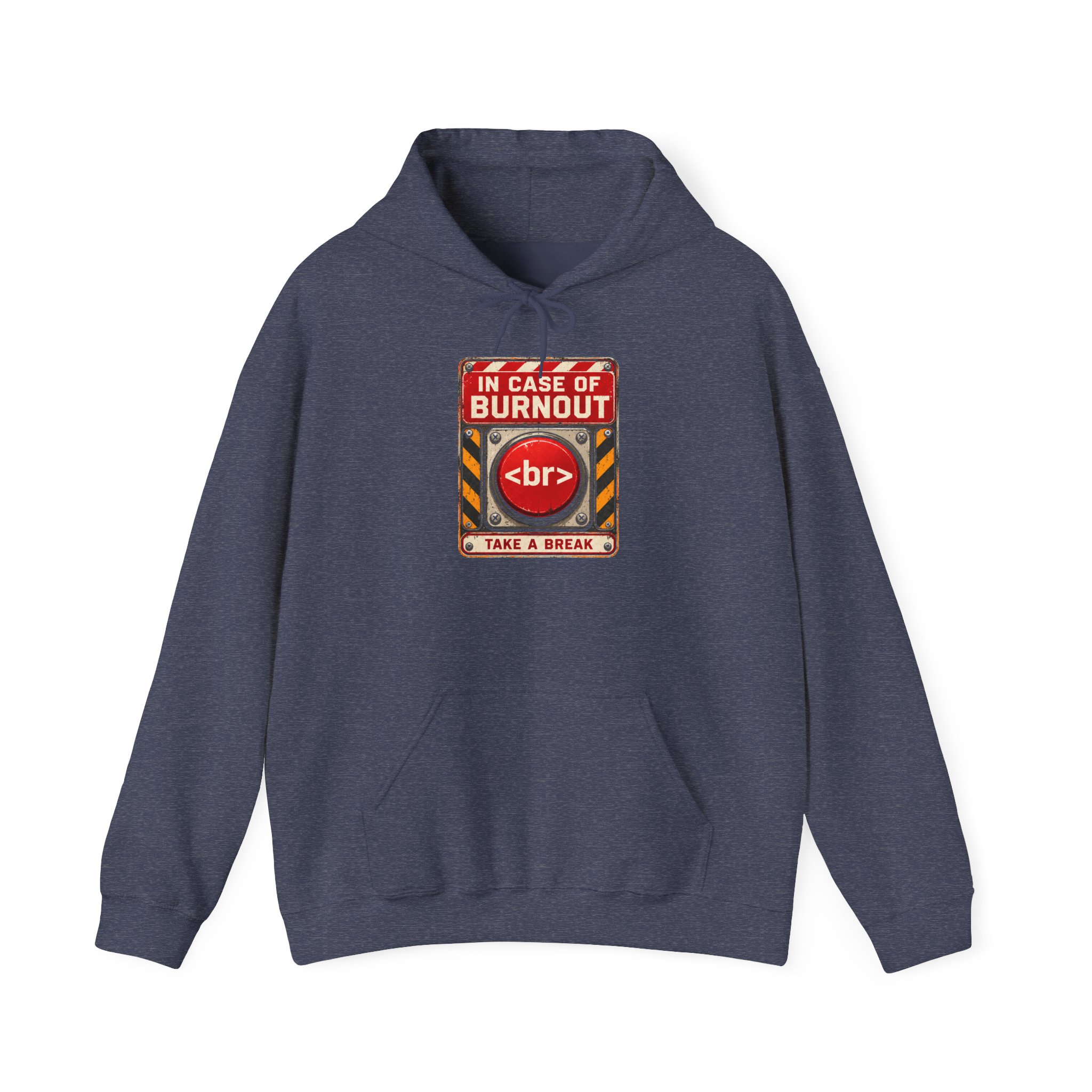 In Case of Burnout hoodie in Heather Sport Dark Navy, front view