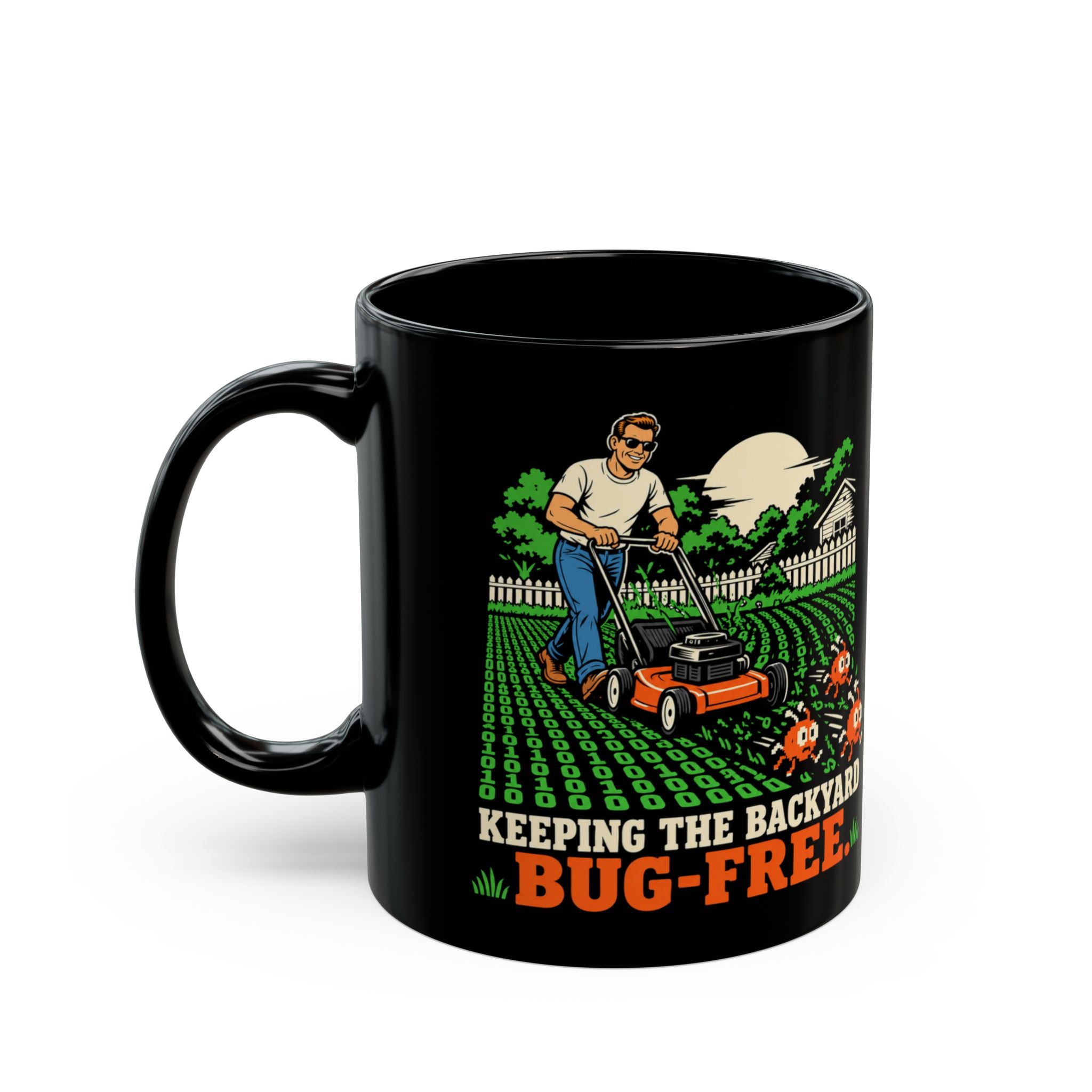 Bug-Free Backyard black mug, 11 oz, left side