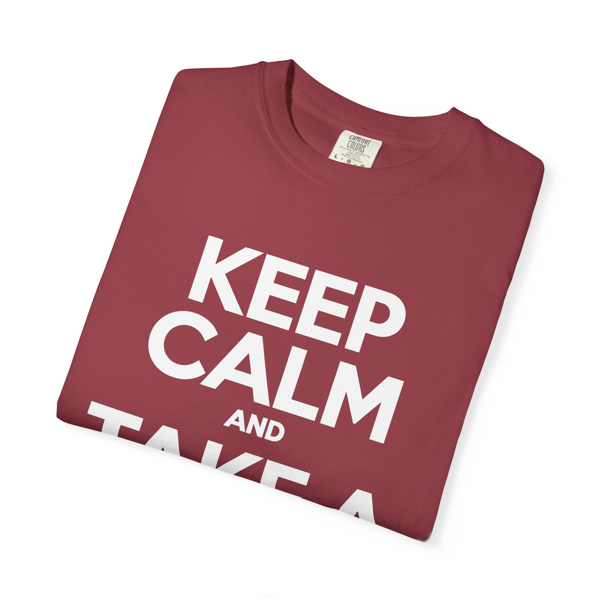 Keep Calm and Take a Break T-shirt in Chili, folded