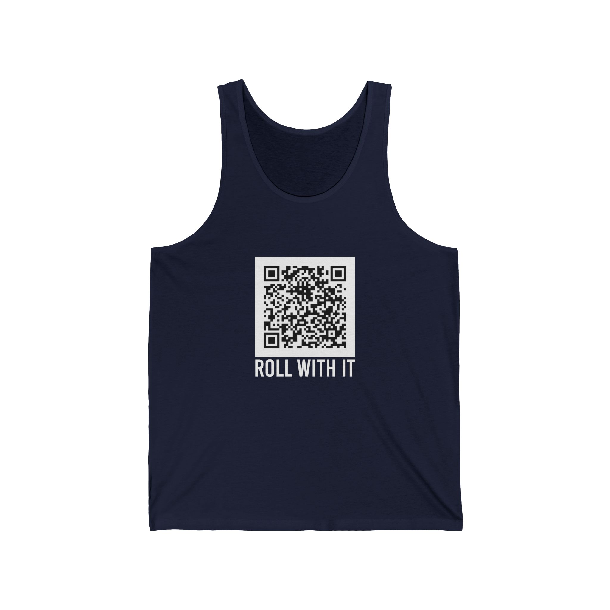 Roll With It QR Code unisex tank in Navy, front view
