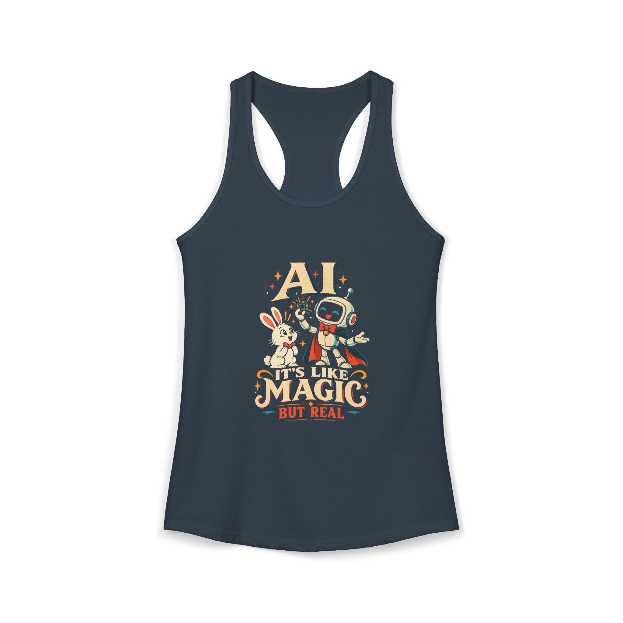 AI Magic Bunny women's racerback tank in Solid Indigo, front 2