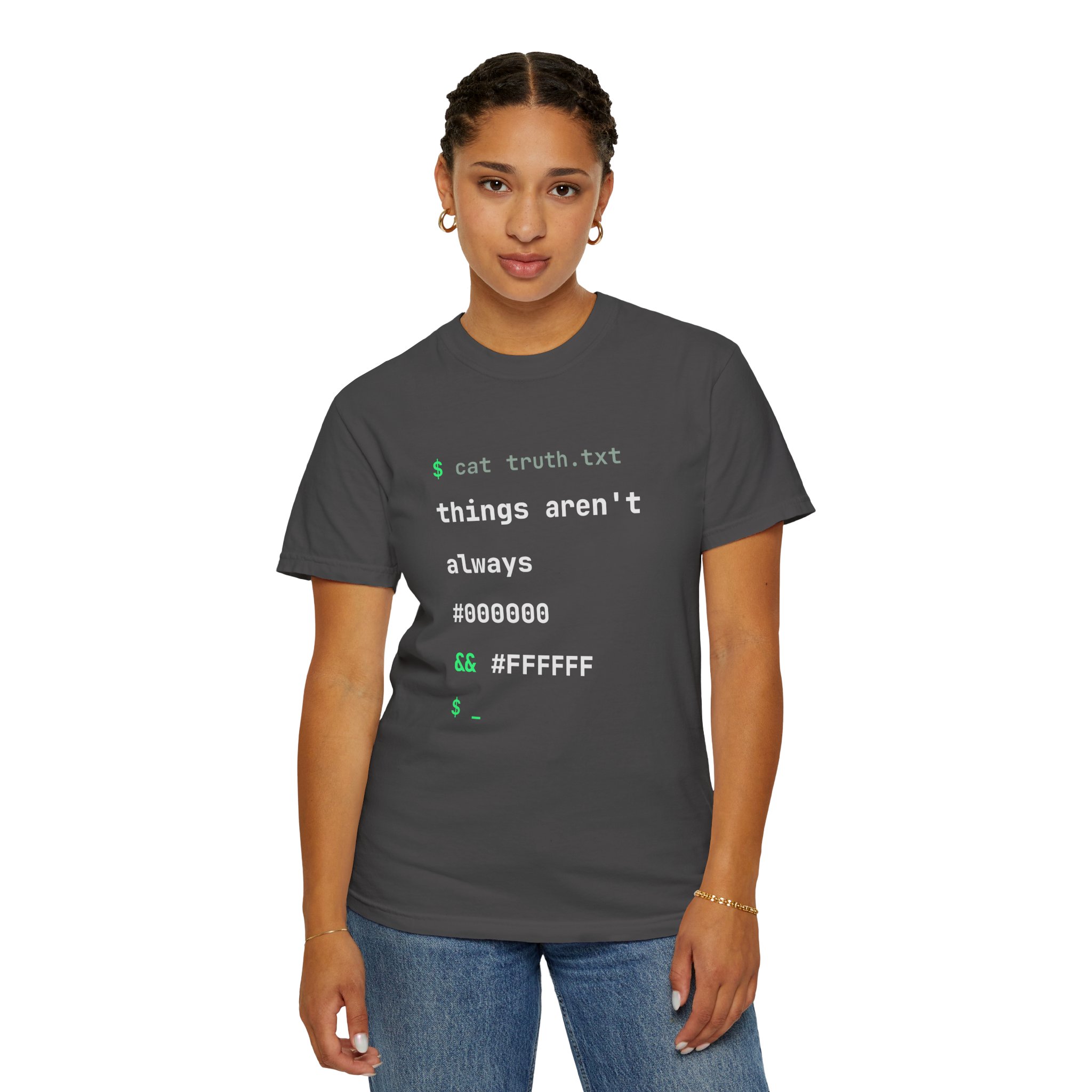 cat truth.txt T-shirt in Graphite, worn by a woman, second model
