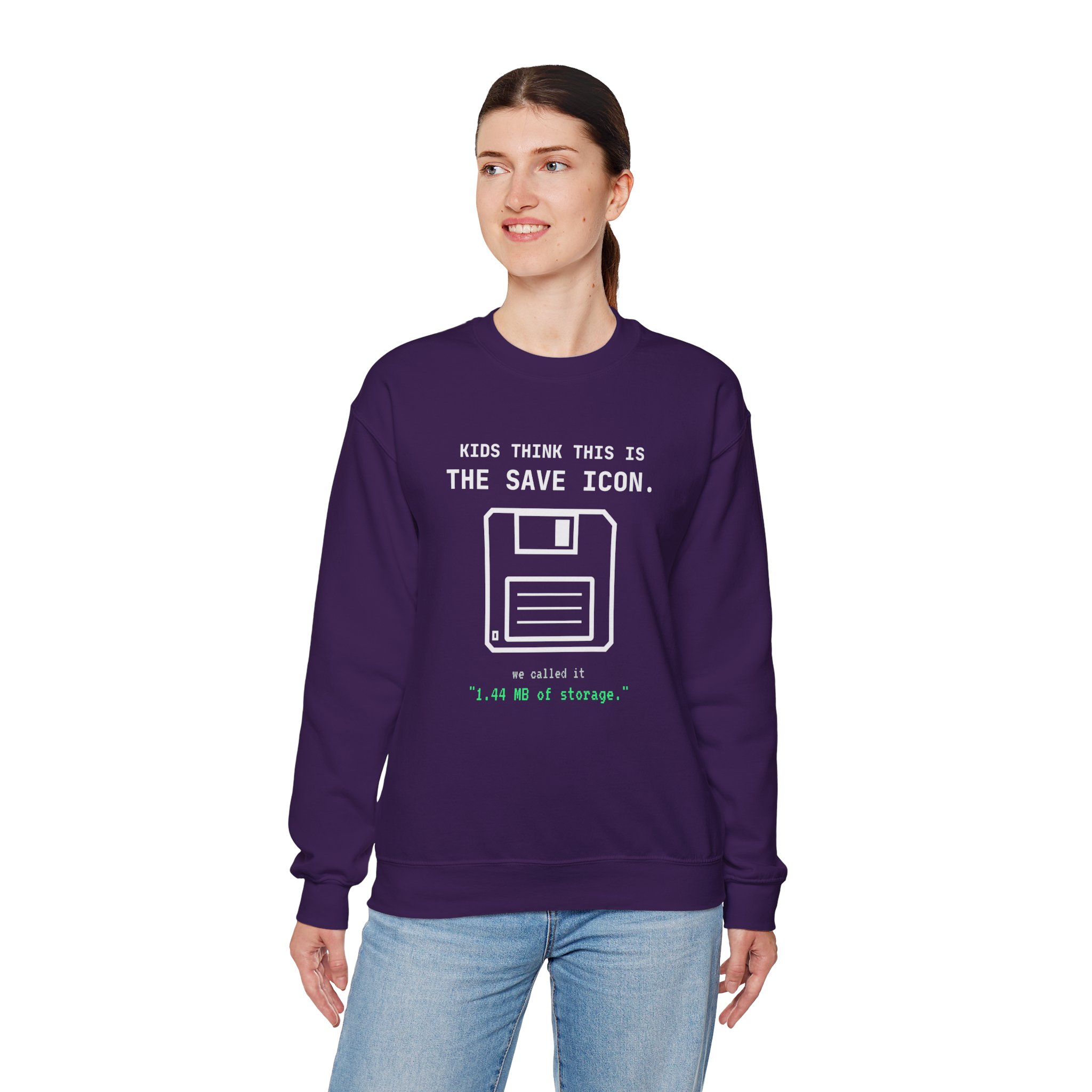 The Original Save Icon crewneck sweatshirt in Purple, worn by a model, fourth view