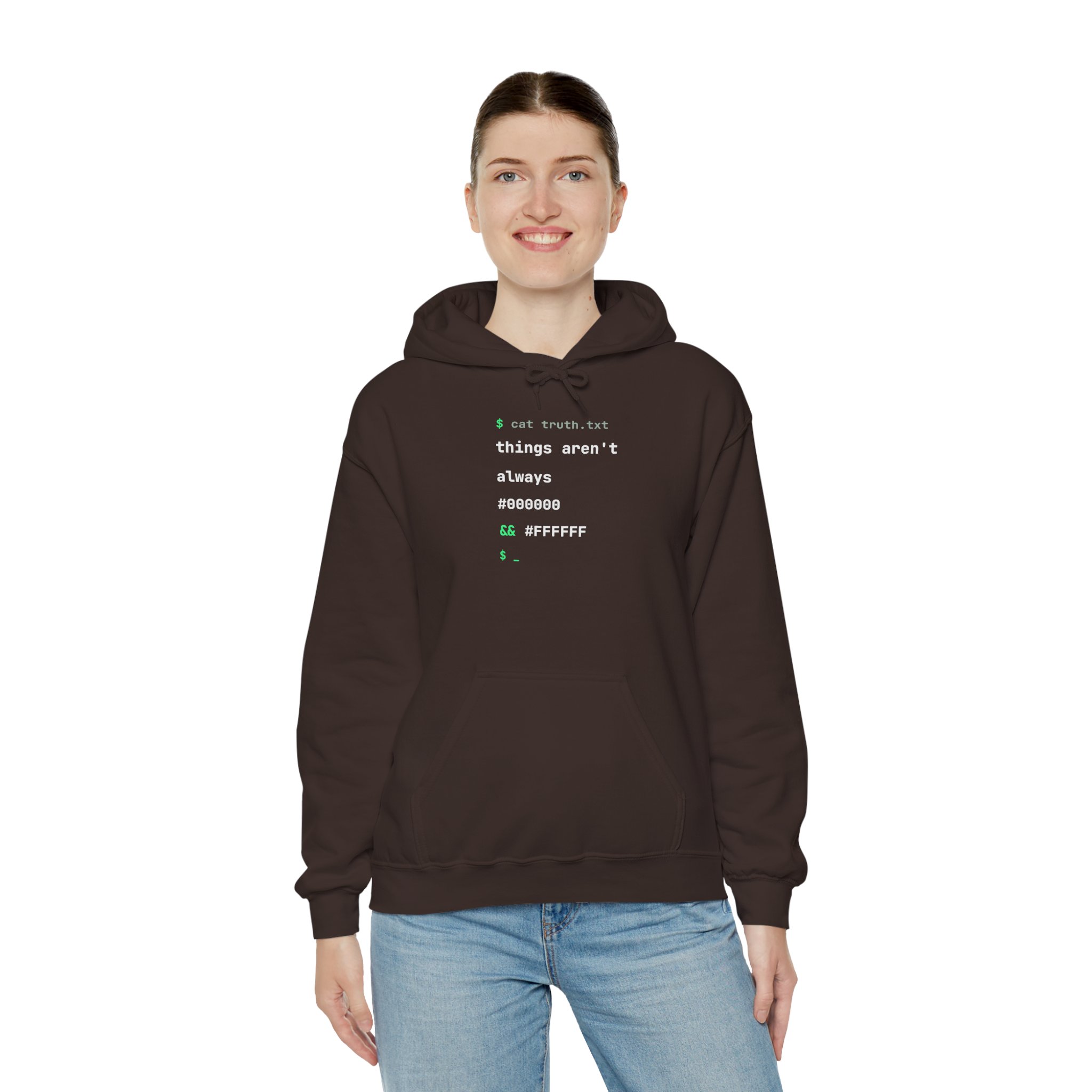 cat truth.txt hoodie in Dark Chocolate, worn by a model, third view