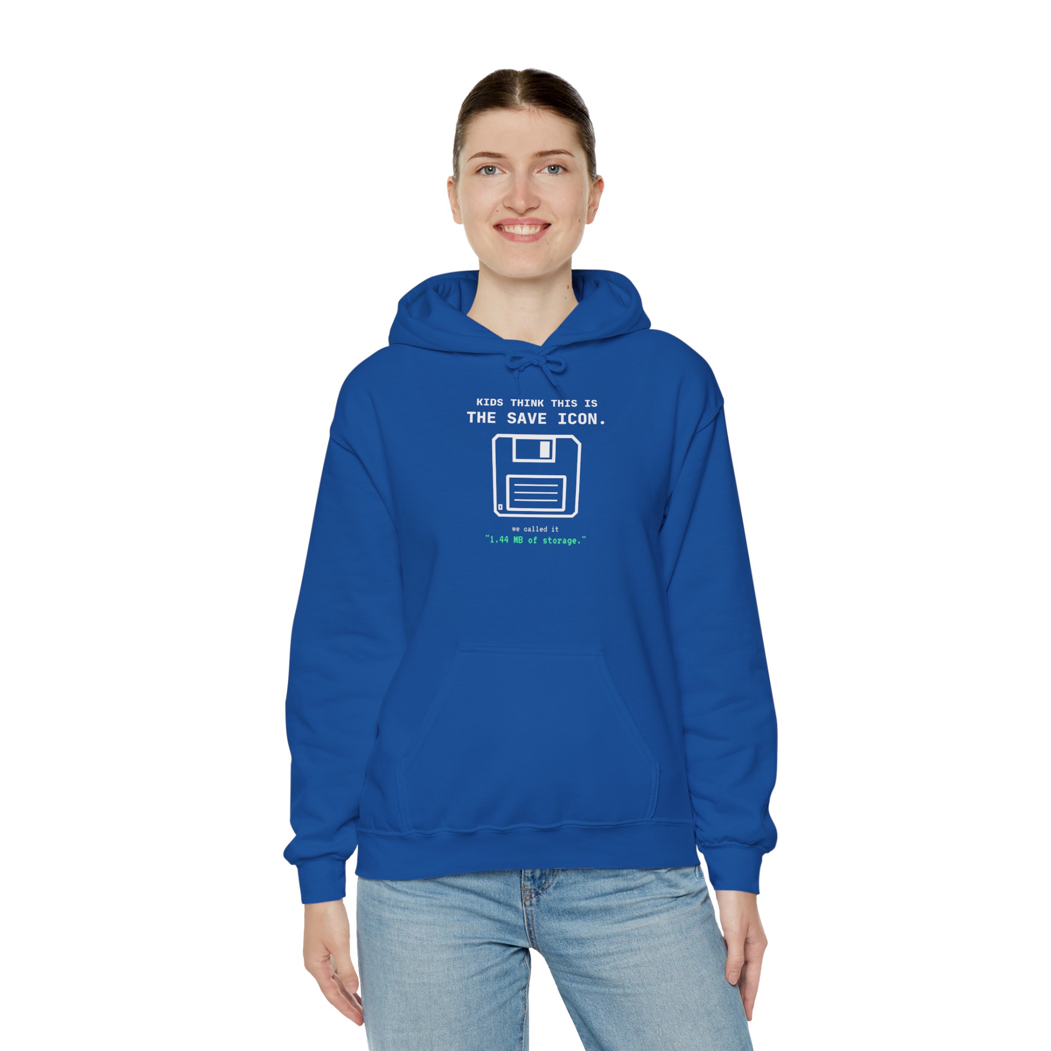 The Original Save Icon hoodie in Royal, worn by a model, third view